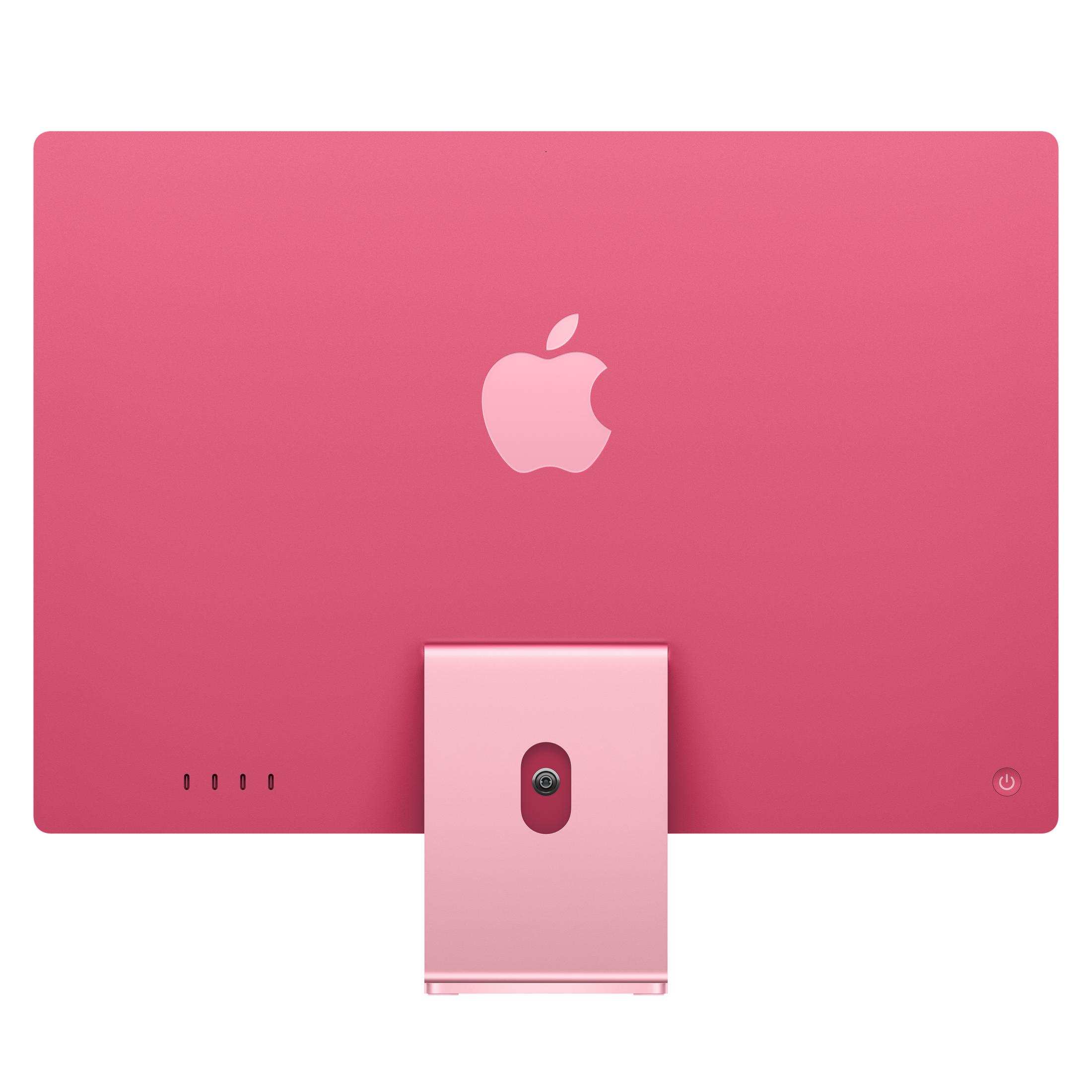 Retro di un iMac rosa con logo Apple e supporto.