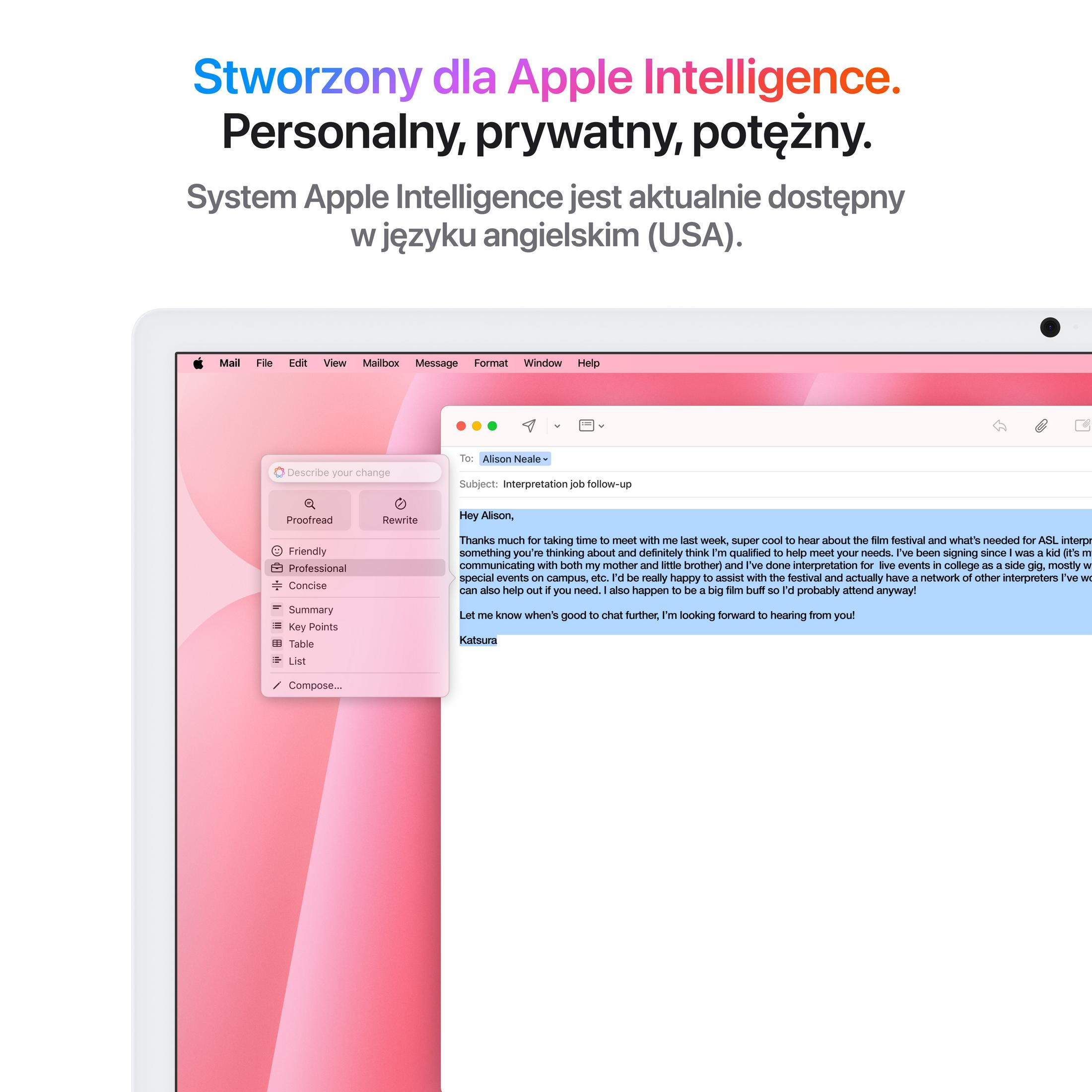 Un laptop Apple mostra un'email con oggetto 'Follow-up lavoro di interpretazione'.