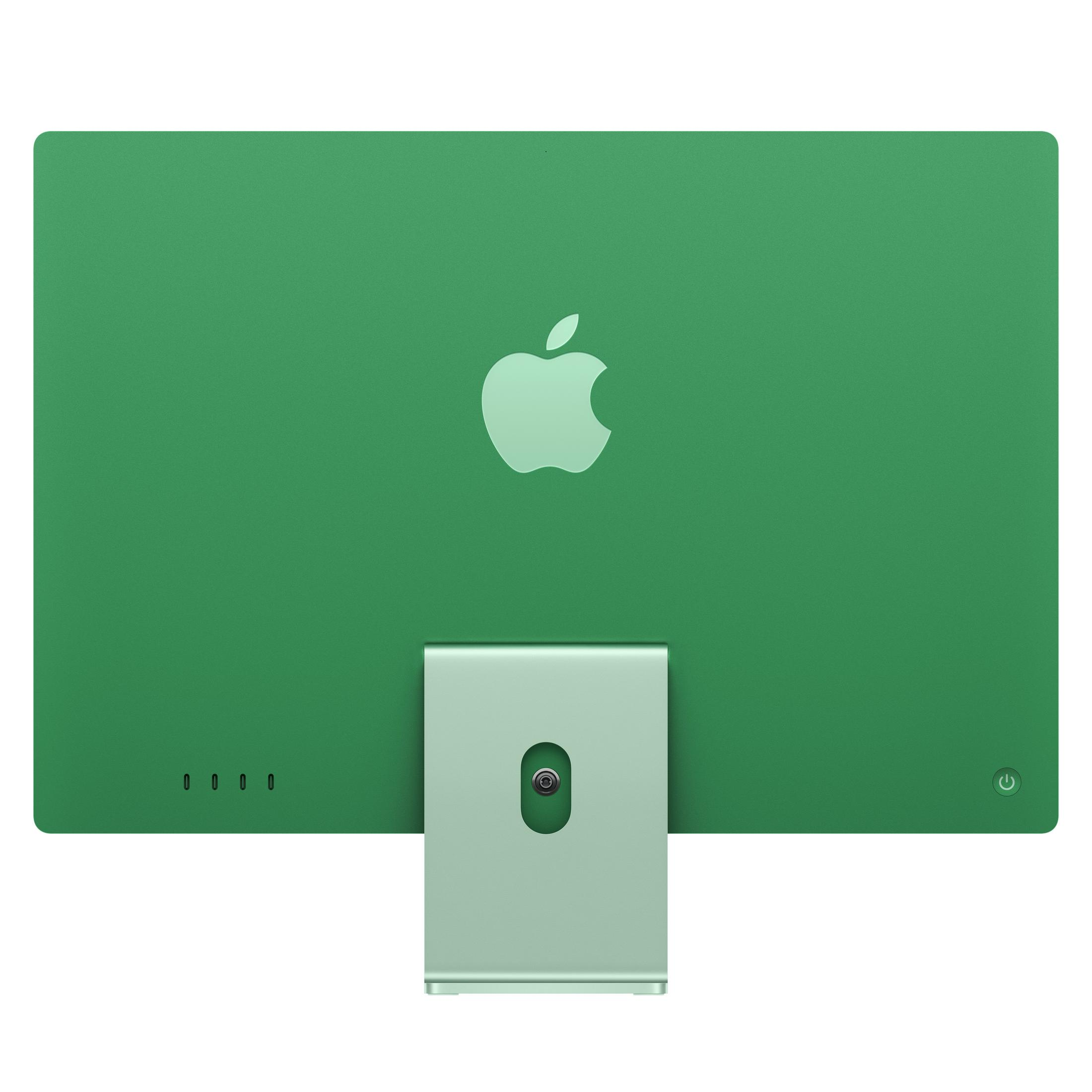 iMac verde con logo Apple e supporto. Porte e pulsante di accensione visibili.
