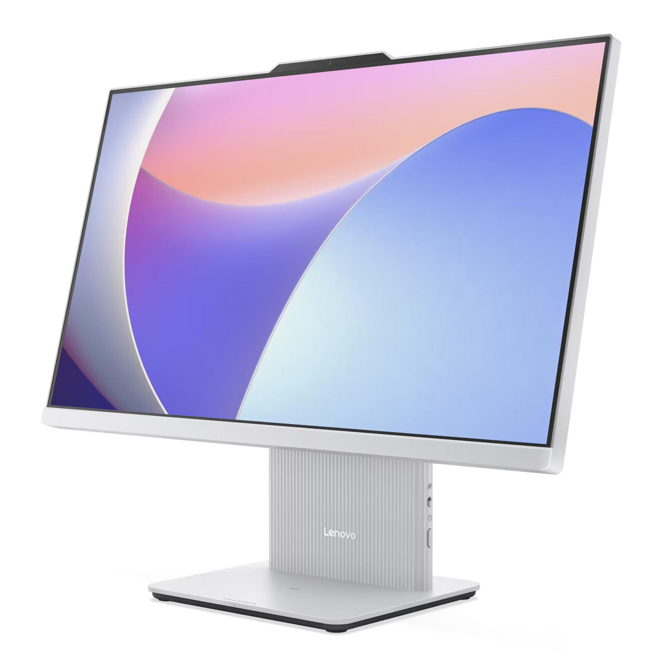 Un computer all-in-one bianco Lenovo con uno sfondo astratto e colorato visualizzato sullo schermo.