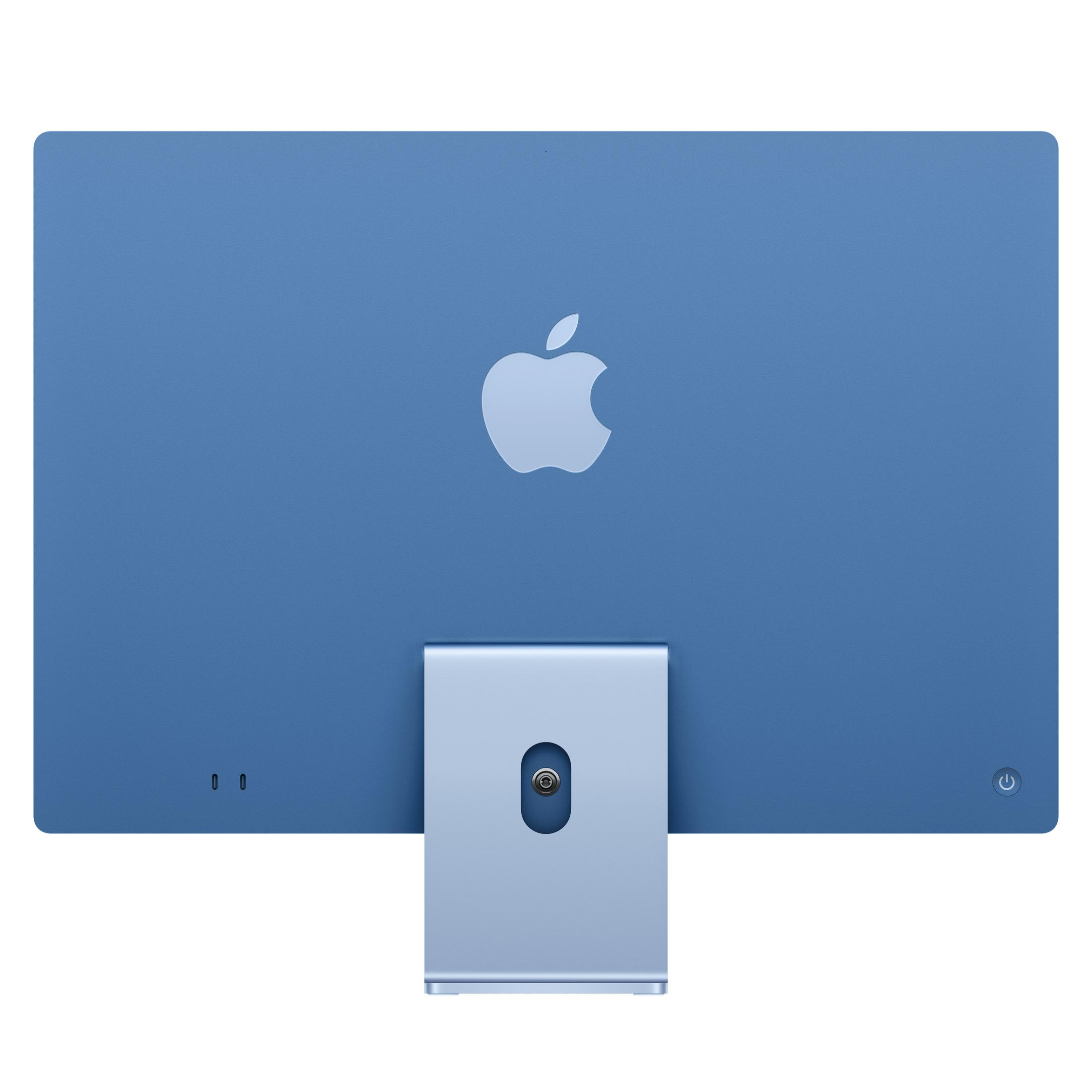 Retro di un iMac blu con logo Apple e supporto.