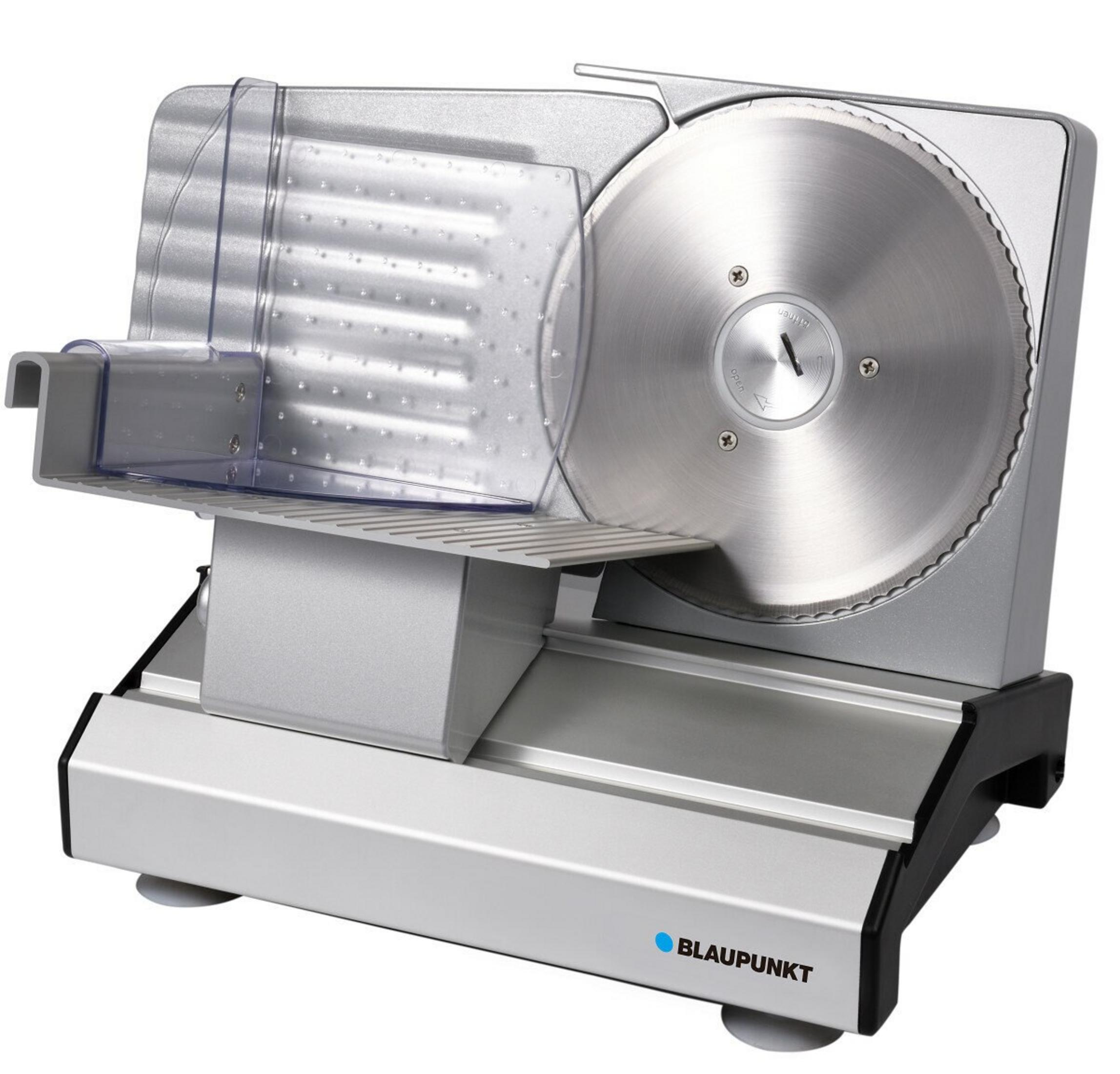 Affettatrice Blaupunkt argentata con lama rotonda seghettata.