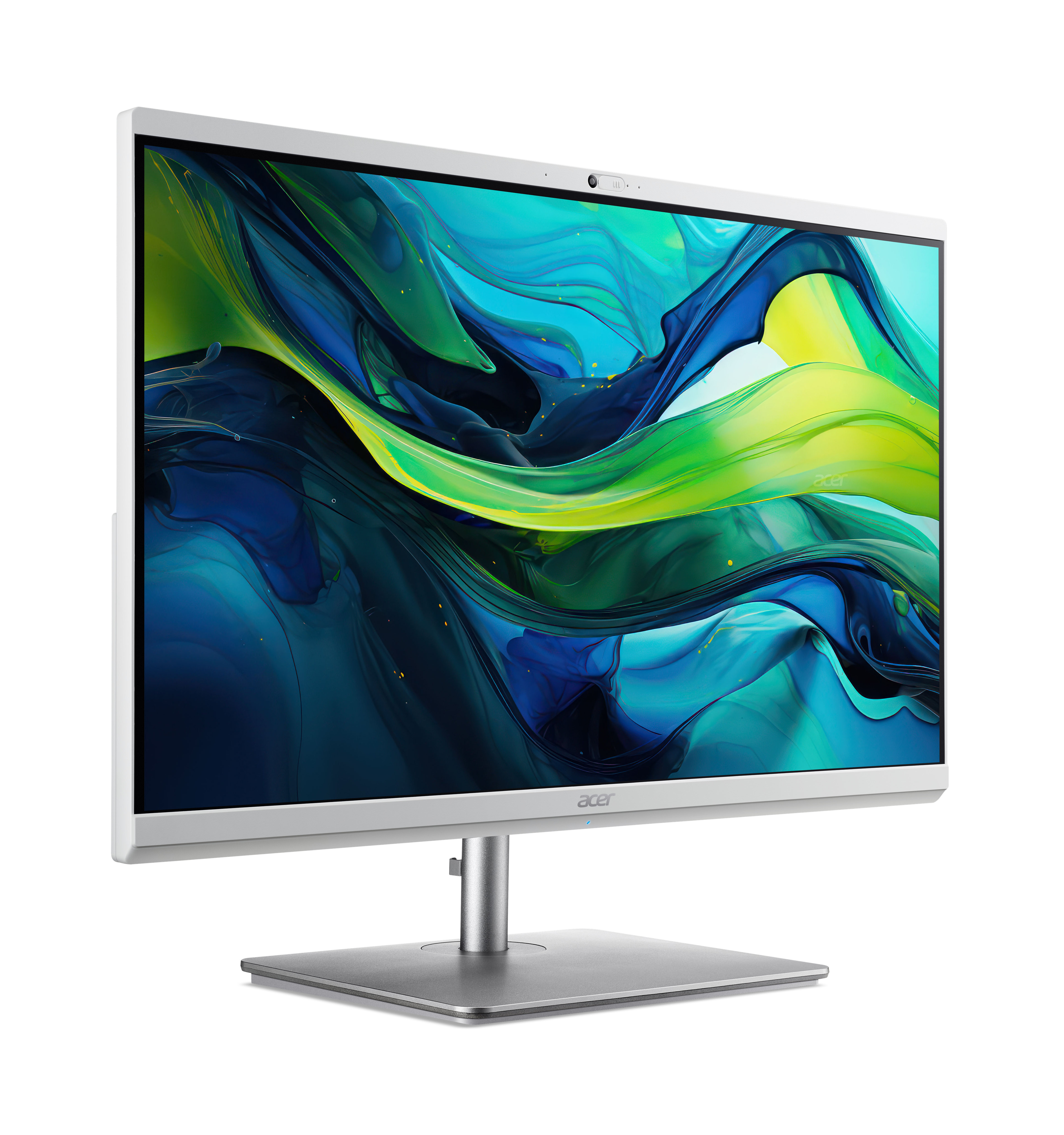 Un PC all-in-one Acer argentato che mostra uno sfondo astratto blu e verde.