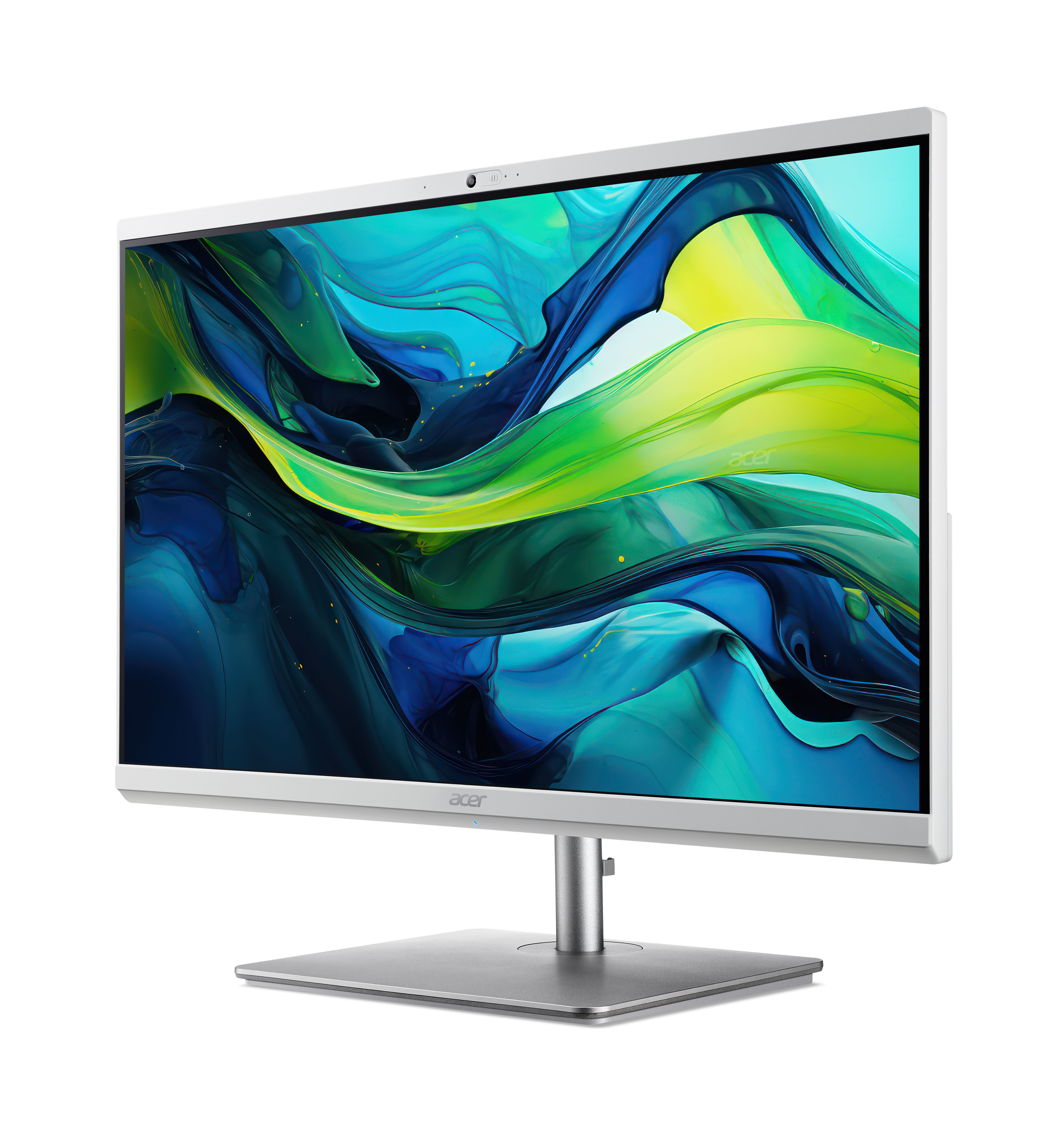 Un monitor Acer argentato mostra uno sfondo astratto e colorato.