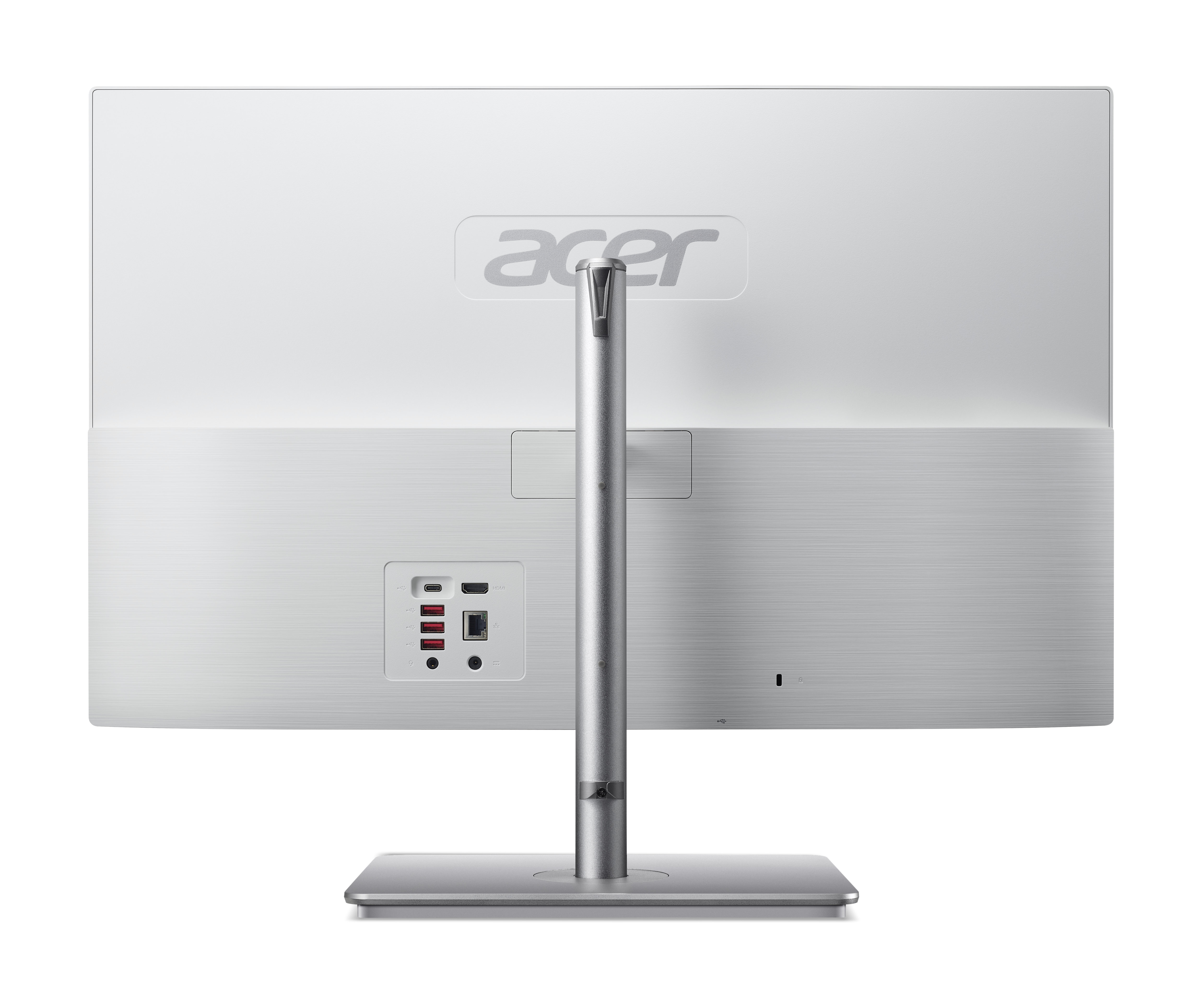 Vista posteriore di un computer bianco Acer All-in-One con porte.