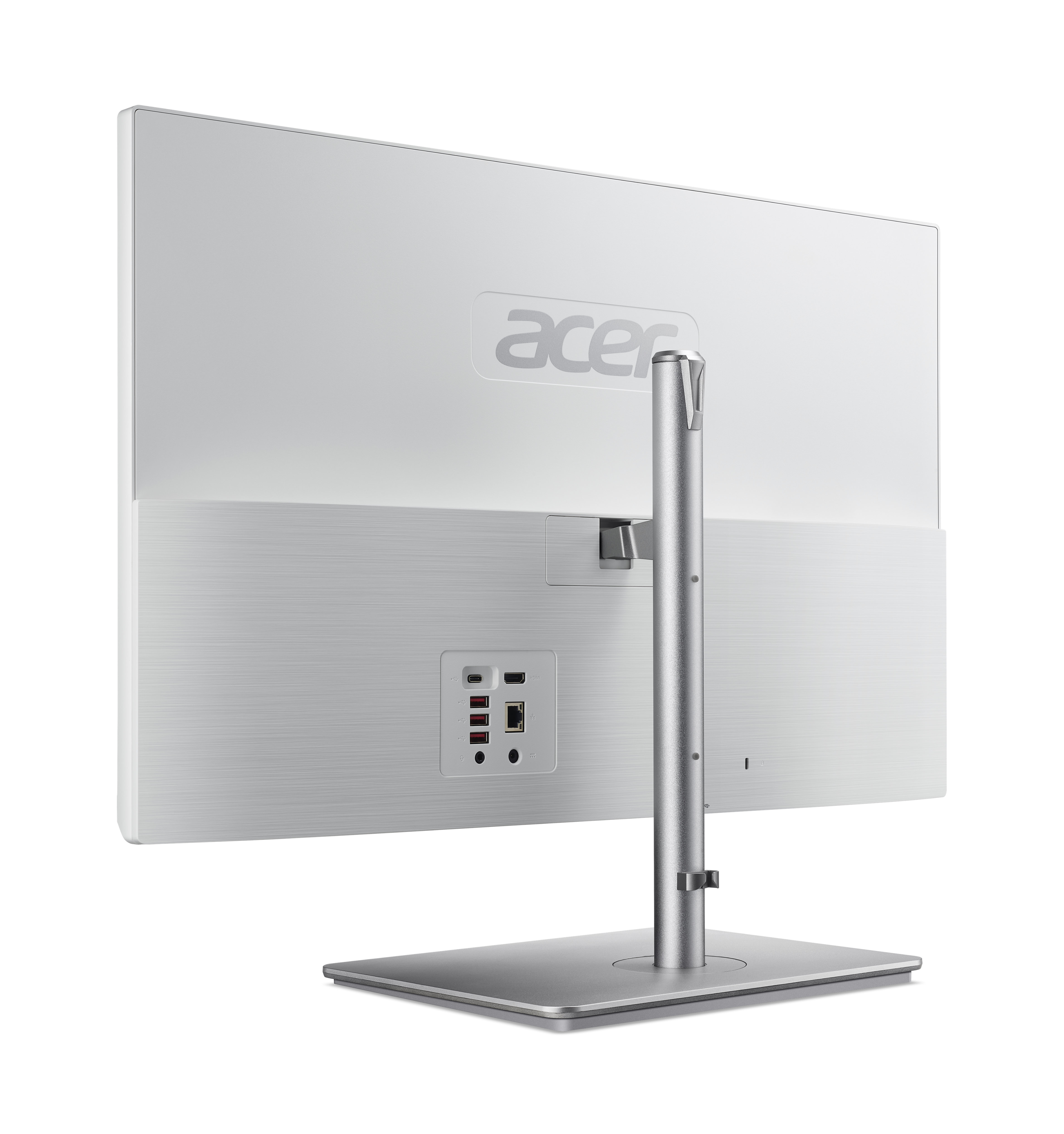 Vista posteriore di un PC bianco Acer All-in-One con porte e supporto argentato.