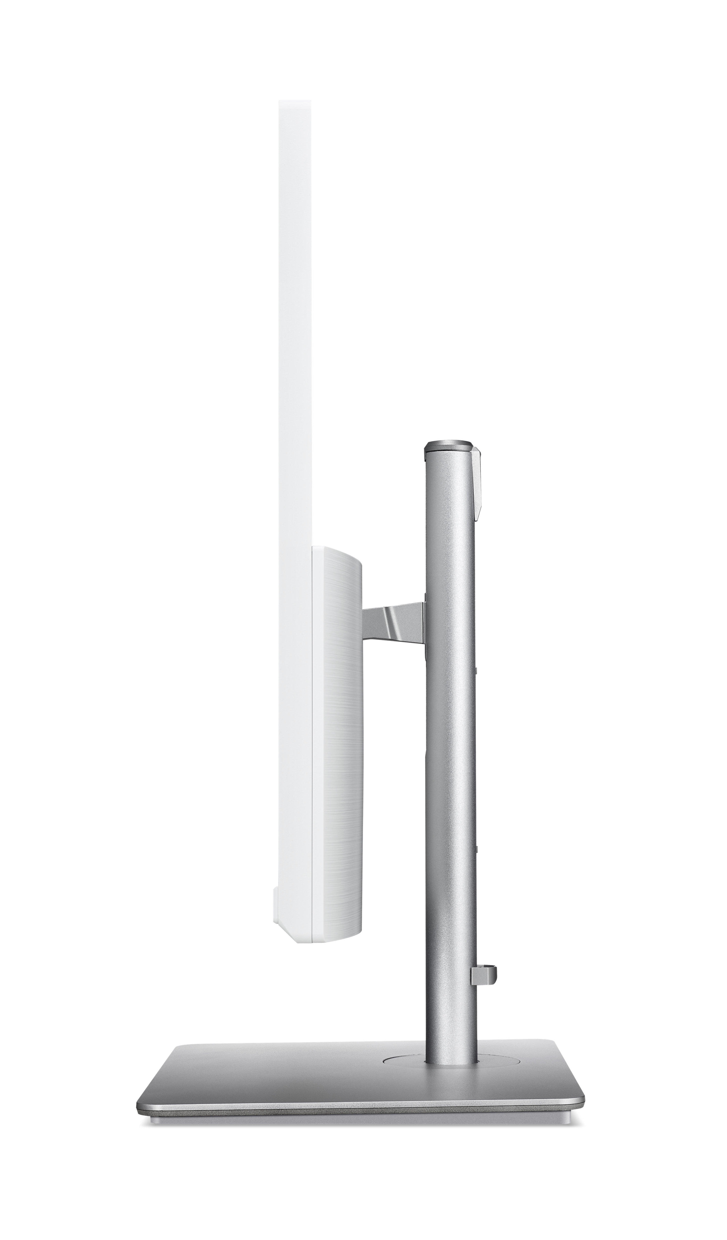 Supporto per monitor argentato con schermo bianco, visto di lato.