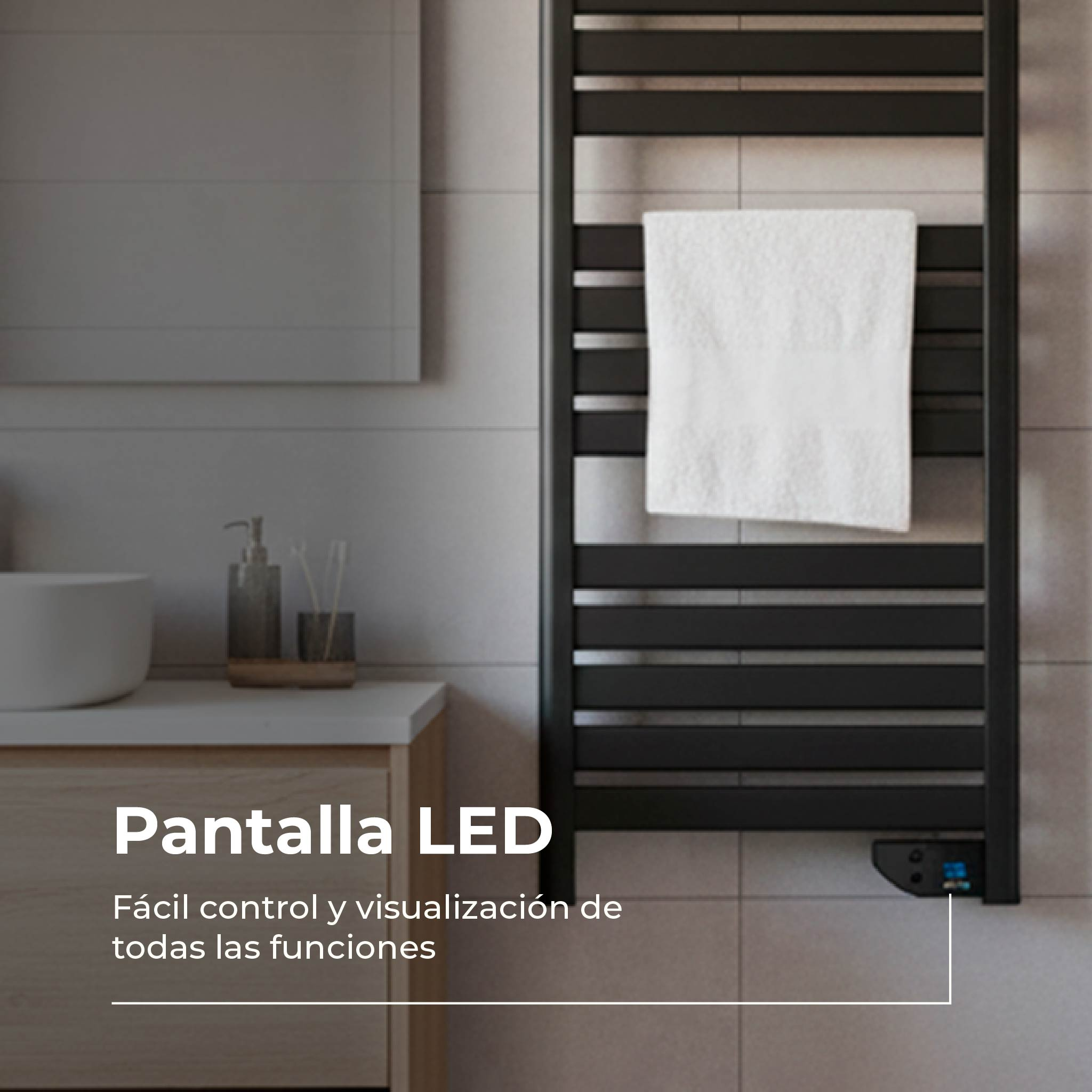 Secador de toallas negro con toalla blanca, pantalla LED y lavabo.