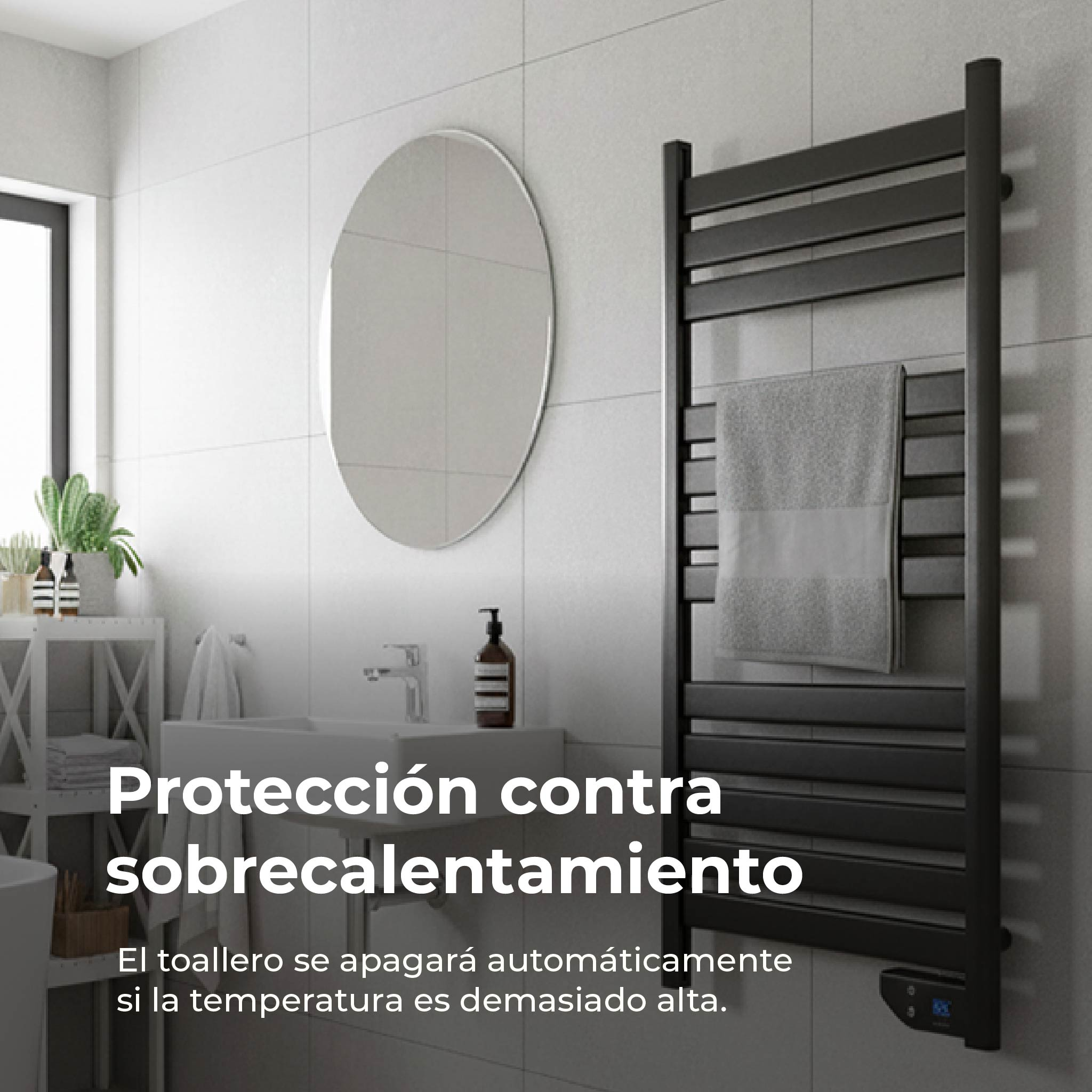 Un toallero negro con una toalla gris en un baño.