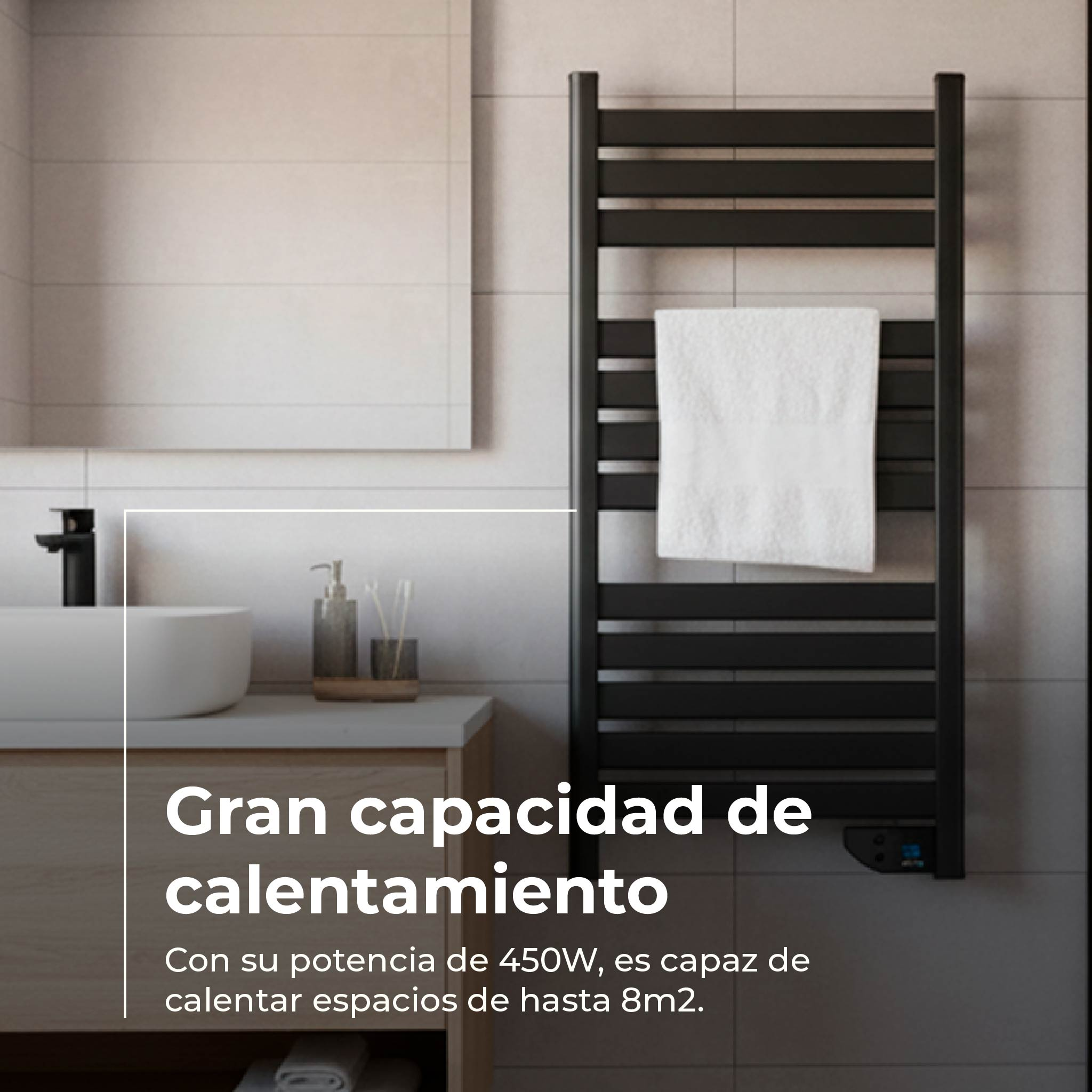 Un toallero negro con una toalla blanca está en un baño.
