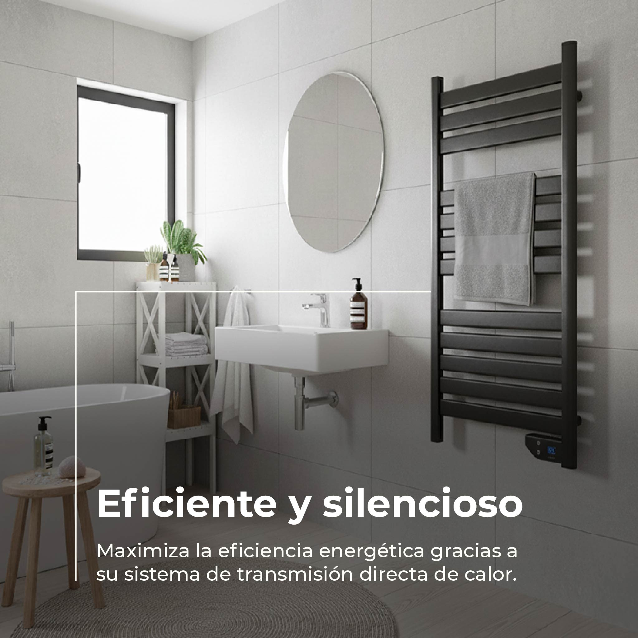 Baño moderno con bañera, lavabo, espejo y toallero negro. Eficiente y silencioso.