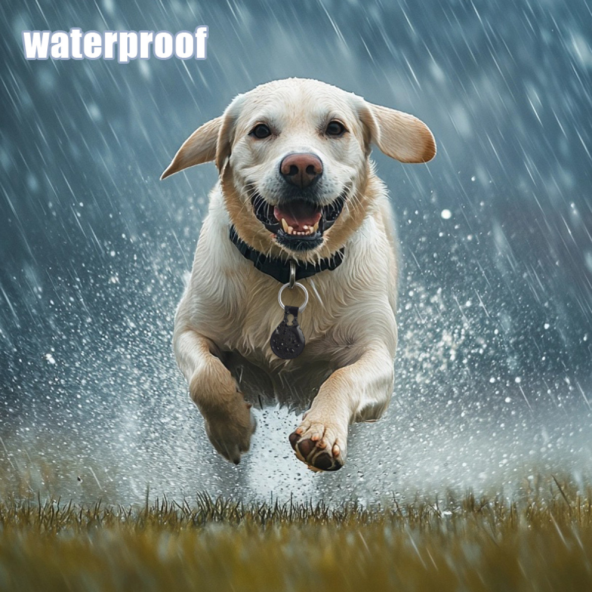 Ein Hund rennt lachend im Regen und spritzt Wasser.