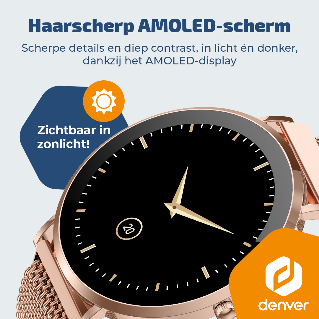 A rose gold smartwatch with a black display and a sun icon.