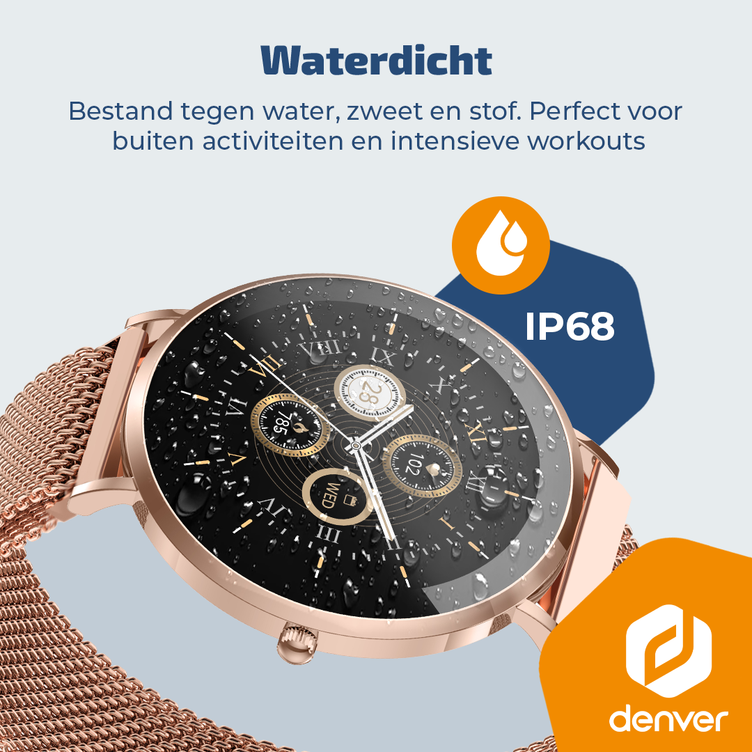 A waterproof smartwatch with IP68 rating and a rose gold band.
