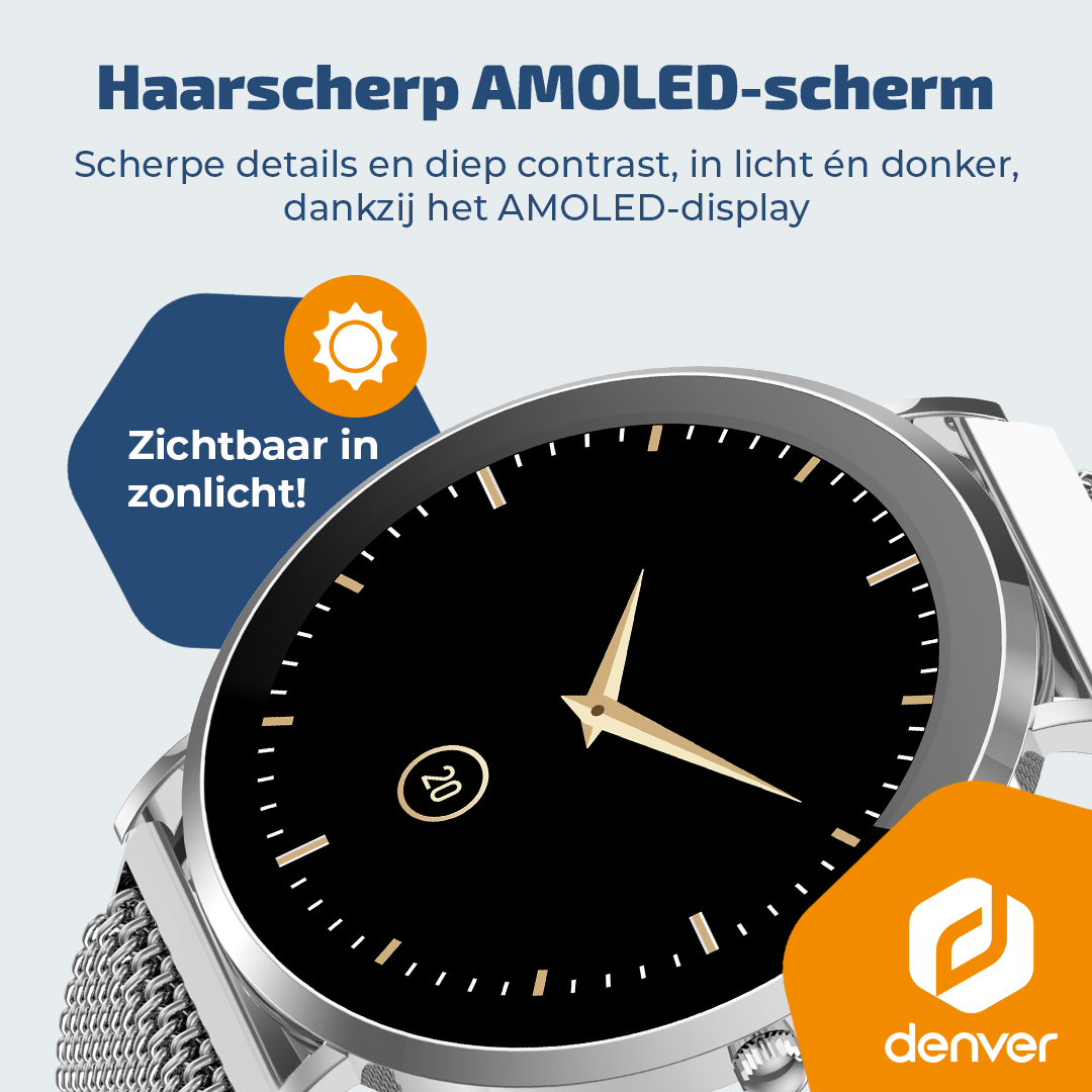 Silver smartwatch with black display and sun icon.