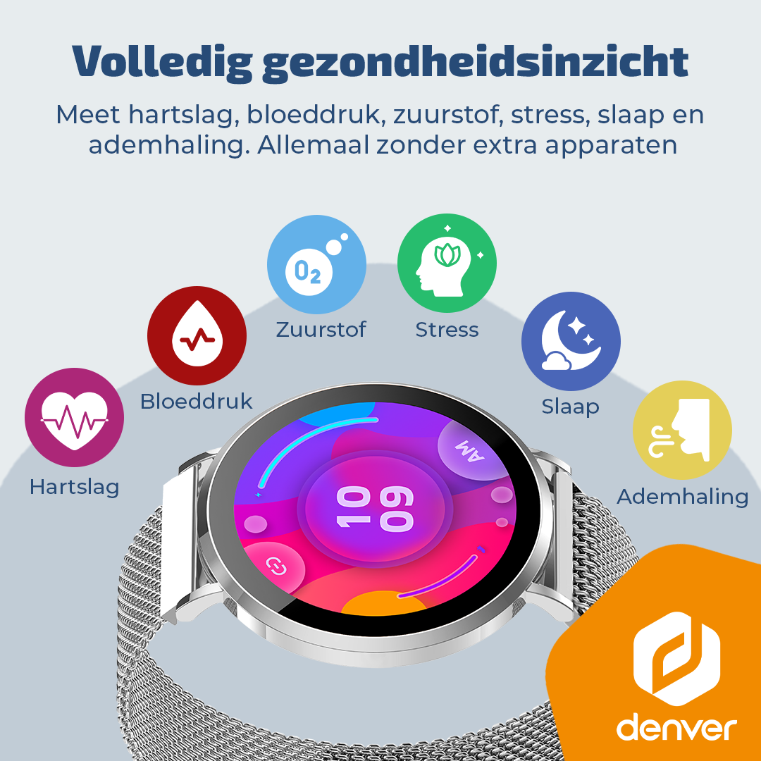 Smartwatch displaying icons for heart rate, blood pressure, oxygen, stress, sleep, and breathing.