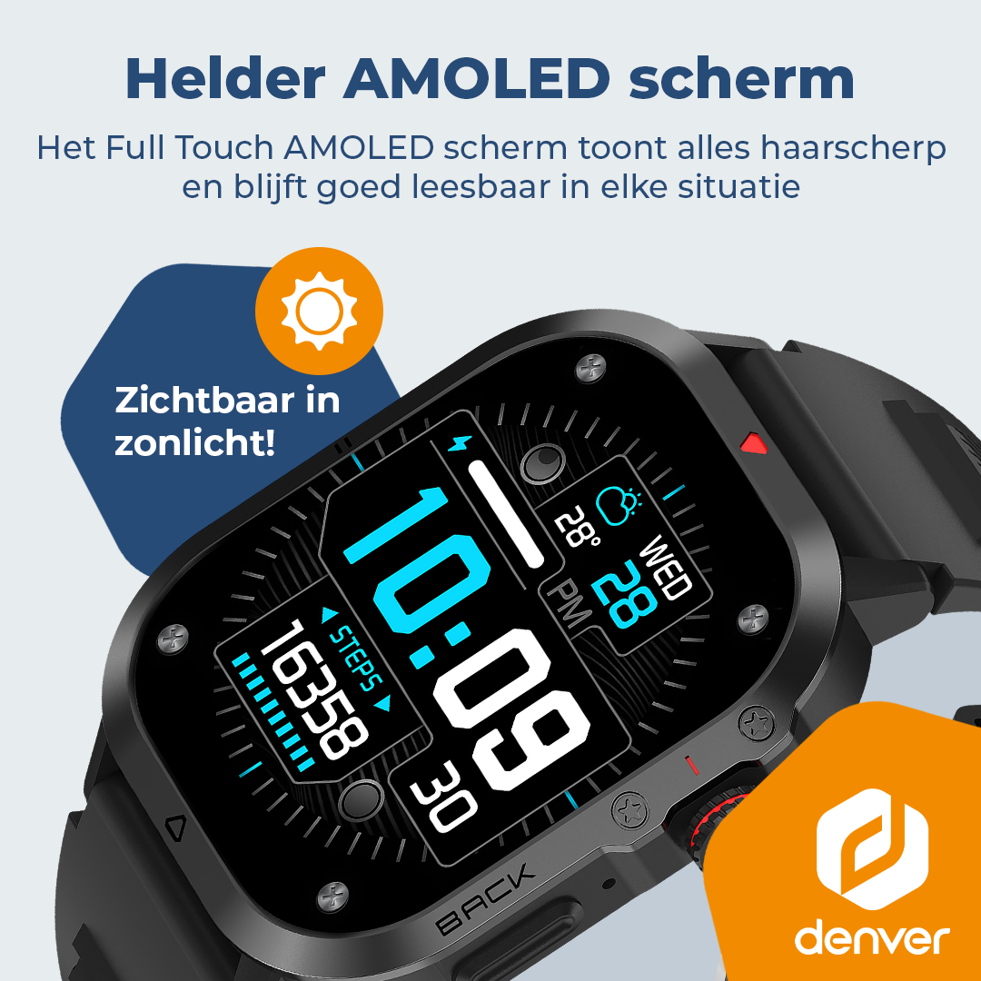 Un écran de montre connectée noir affiche 10:09, 16358 pas et 28°C.