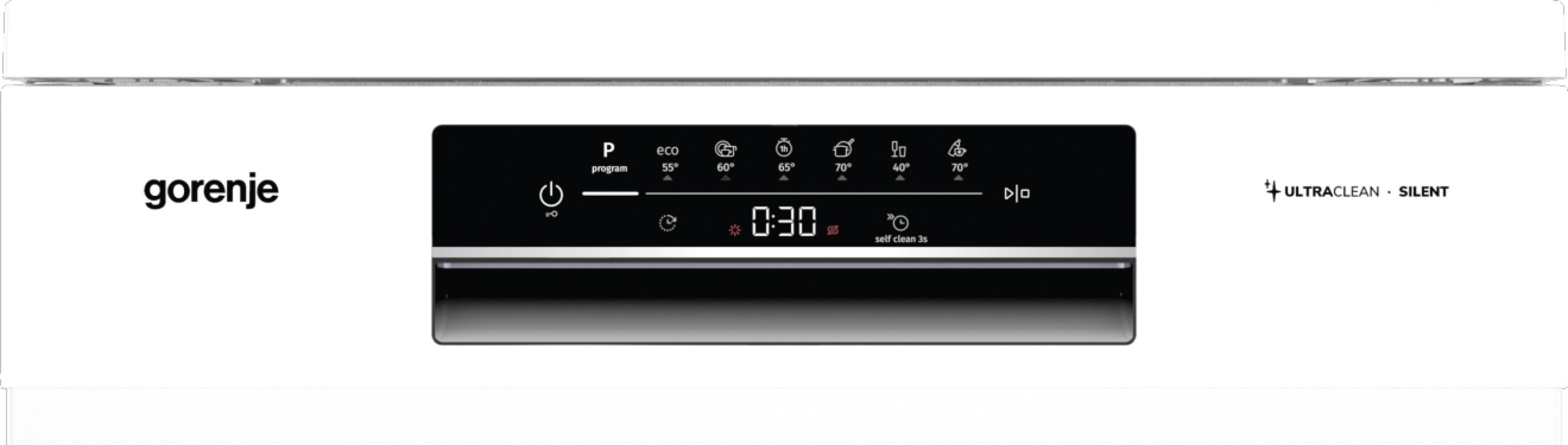Panel sterowania zmywarki Gorenje z programami, temperaturami i zegarem.