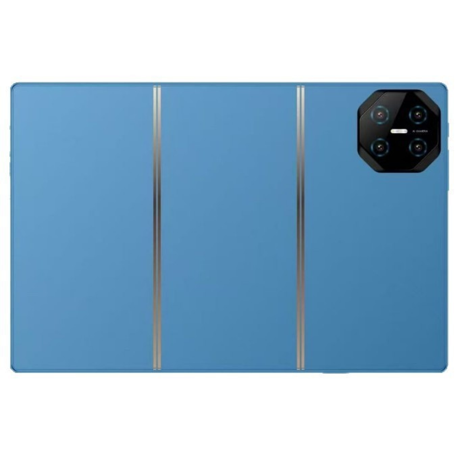 Ein blaues Smartphone mit einem achteckigen Kameramodul und drei vertikalen silbernen Streifen.