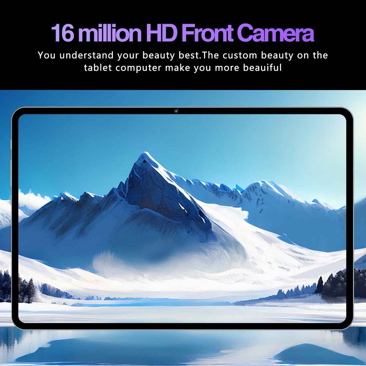Ein Tablet zeigt eine verschneite Berglandschaft mit blauem Himmel und Wasserspiegelung.