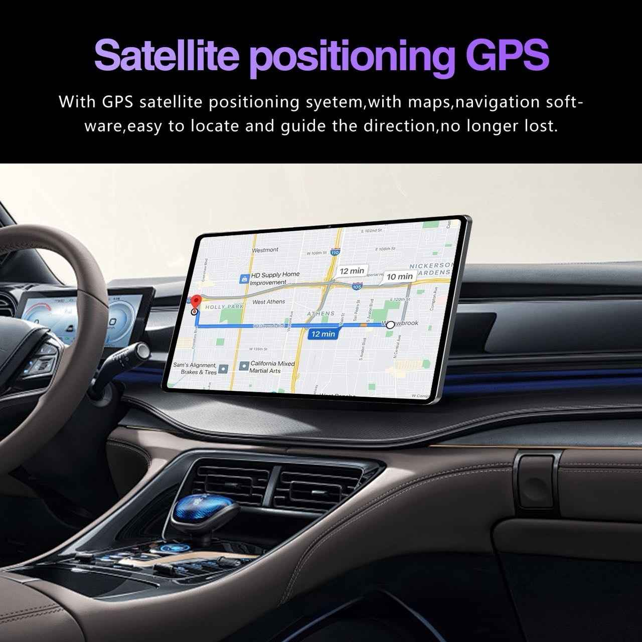 Ein GPS-Navigationssystem auf einem Tablet im Auto zeigt eine Karte mit Routen.