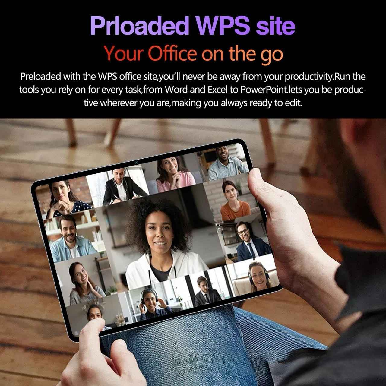 Tablet zeigt Videokonferenz mit vielen Gesichtern, Hände halten das Tablet.