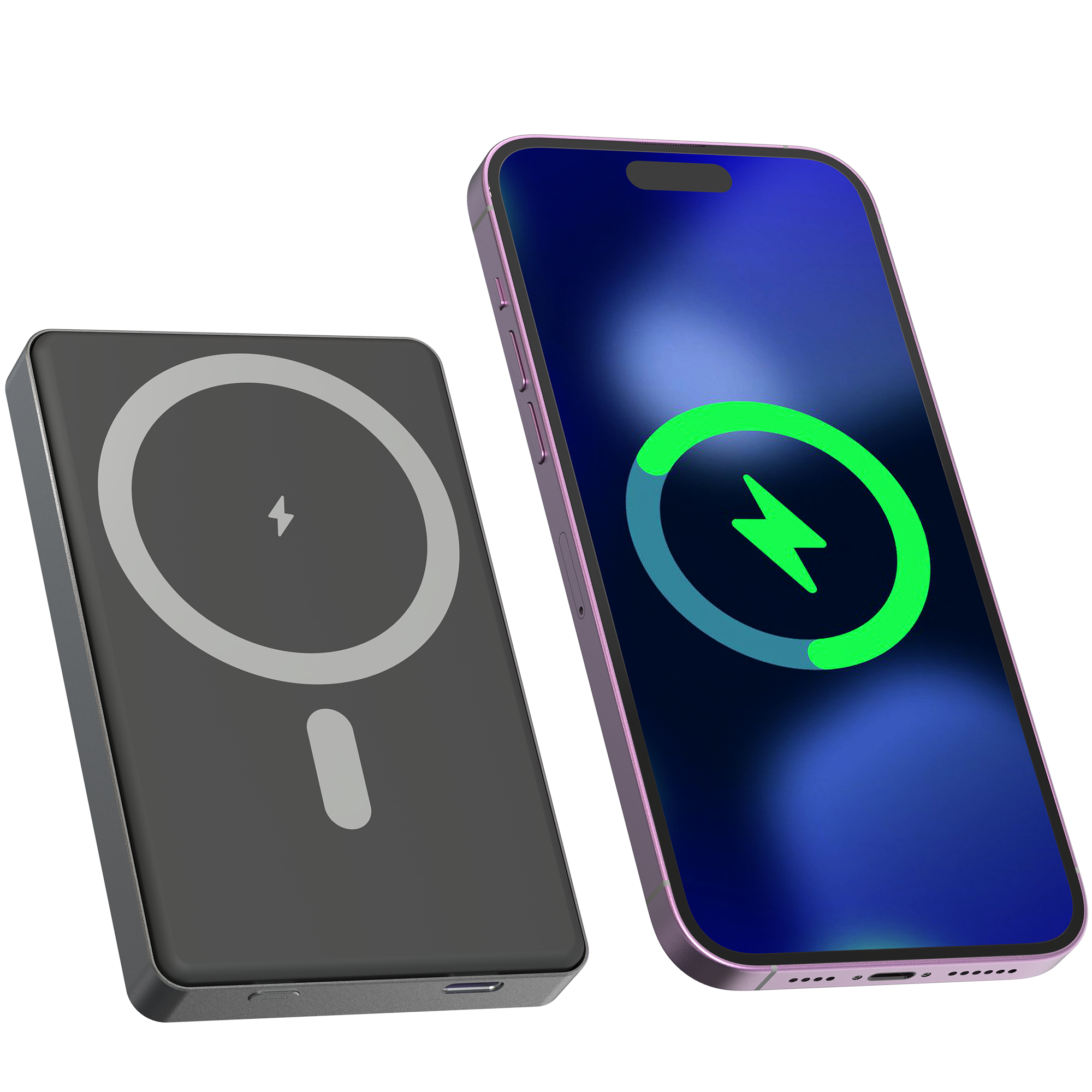 Chargeur Mag-Safe gris à côté d'un iPhone violet affichant une animation de charge.