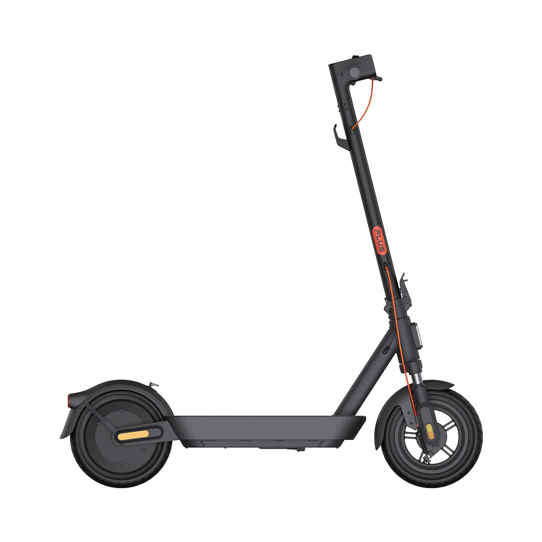 Ein schwarzer Elektroroller mit orangen Akzenten steht vor einem weißen Hintergrund.