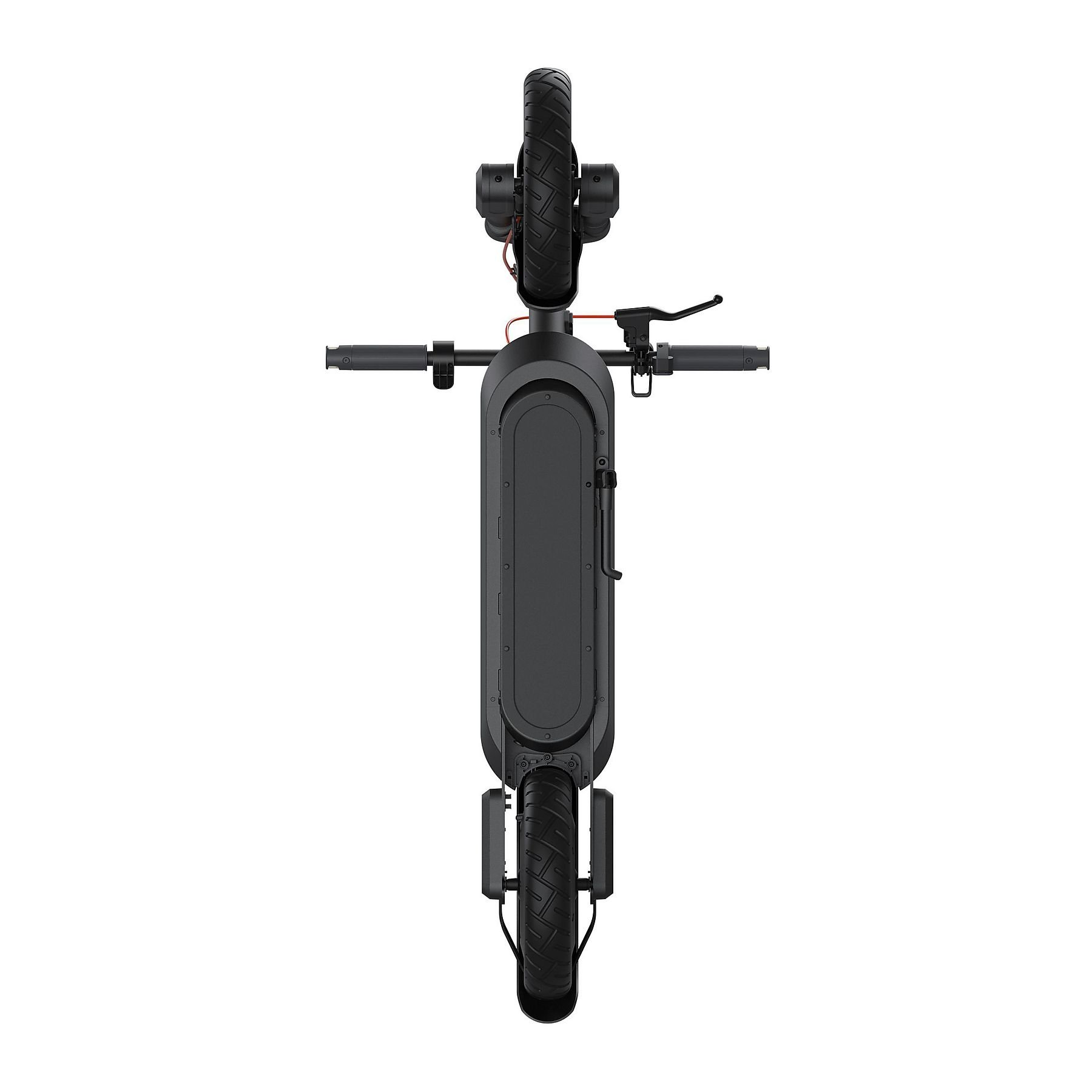 Oberansicht eines schwarzen Elektrorollers mit Lenker, Deck und Rädern.
