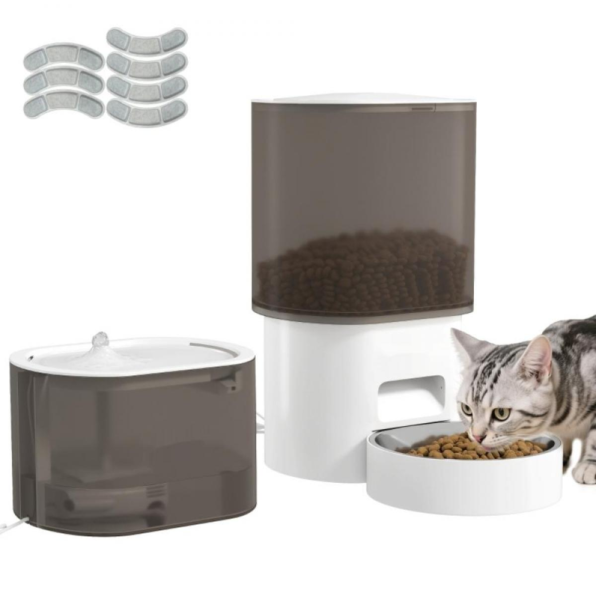 Eine Katze frisst aus einem Futternapf neben einem Futterspender und einem Trinkbrunnen.