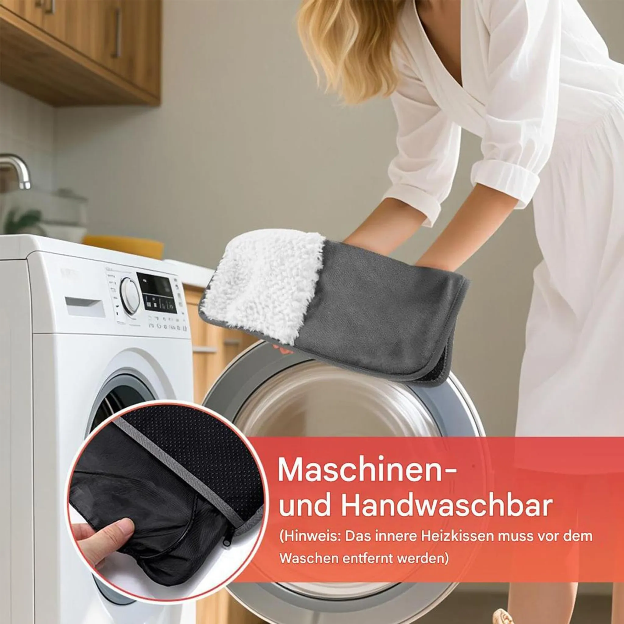 Eine Person hält ein Heizkissen neben einer Waschmaschine.