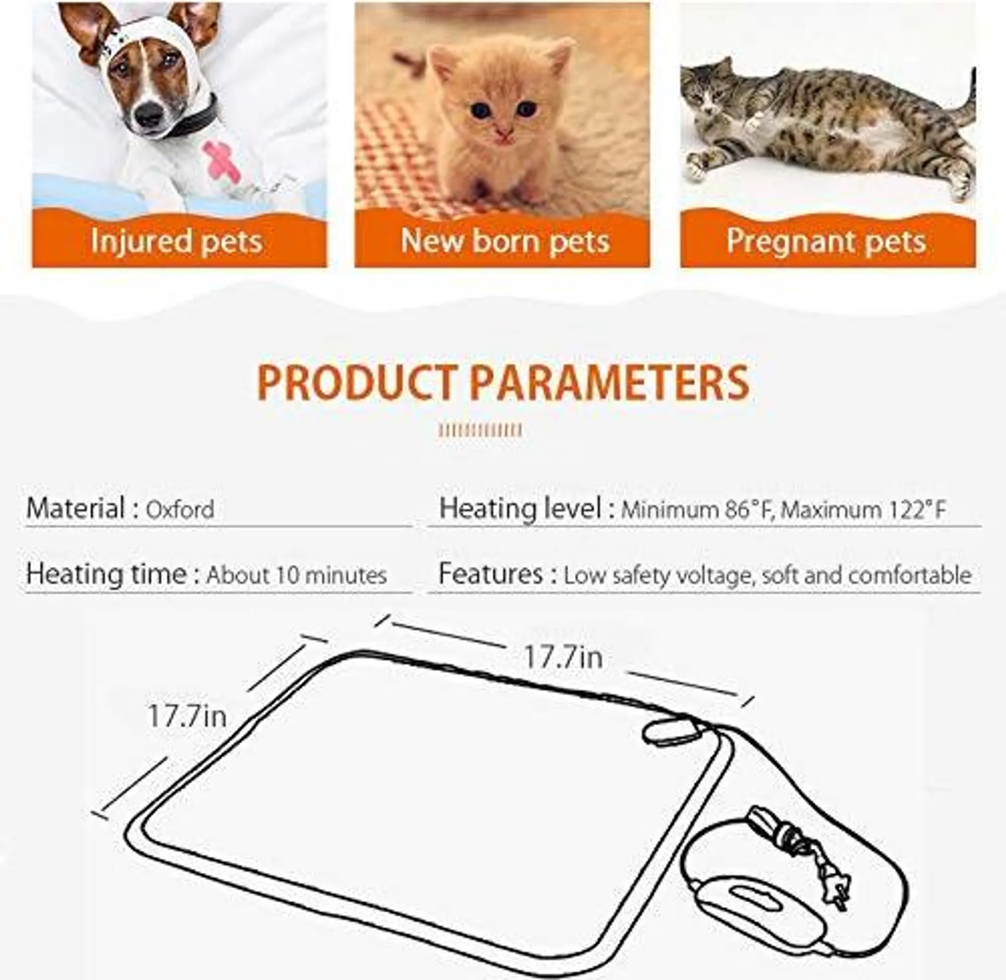 Produktparameter für Haustierheizmatte: Material Oxford, 86-122°F, 10 Min Heizzeit.