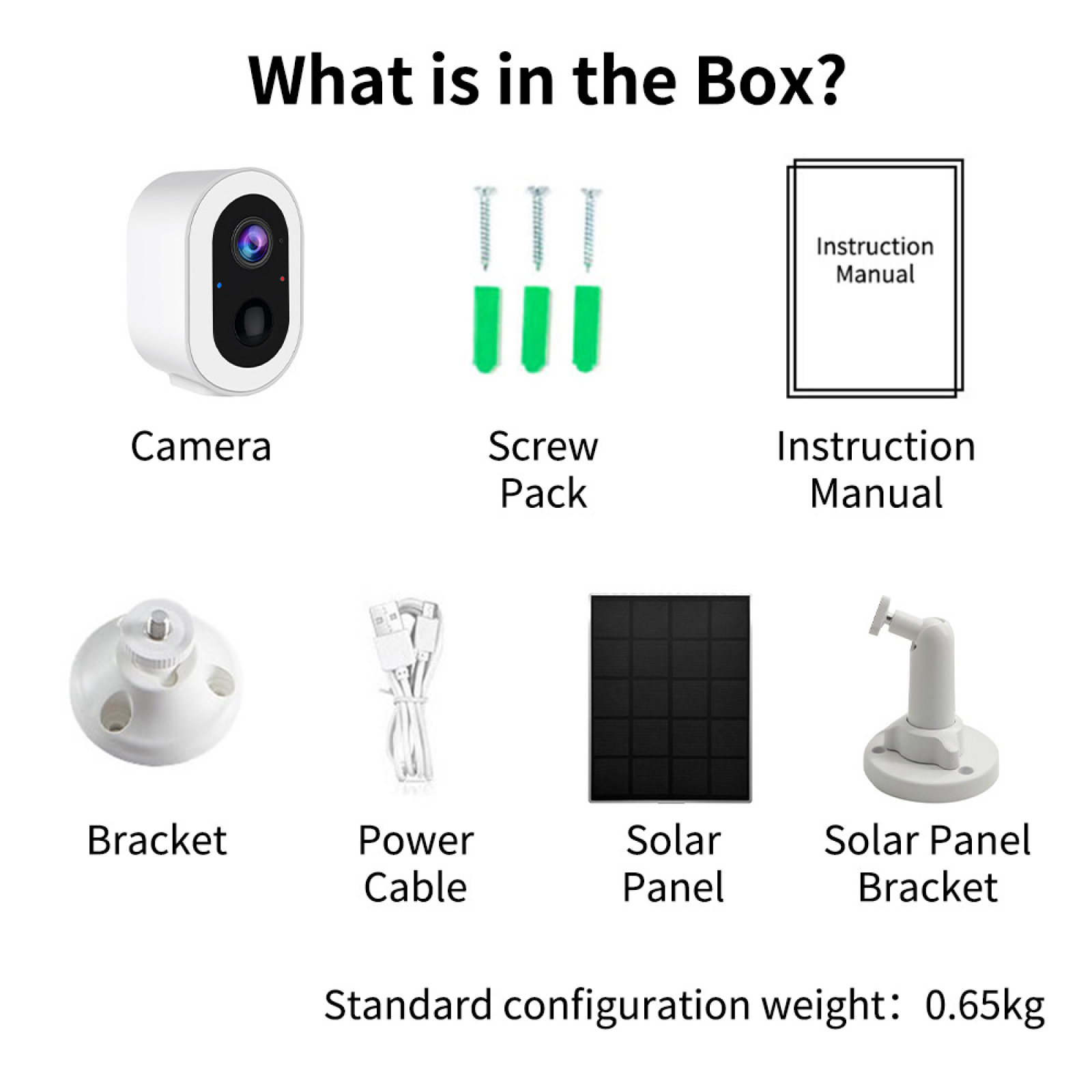 Einleitung: Kamera, Schrauben, Anleitung, Halterung, Kabel, Solarpanel, Solarpanelhalterung.