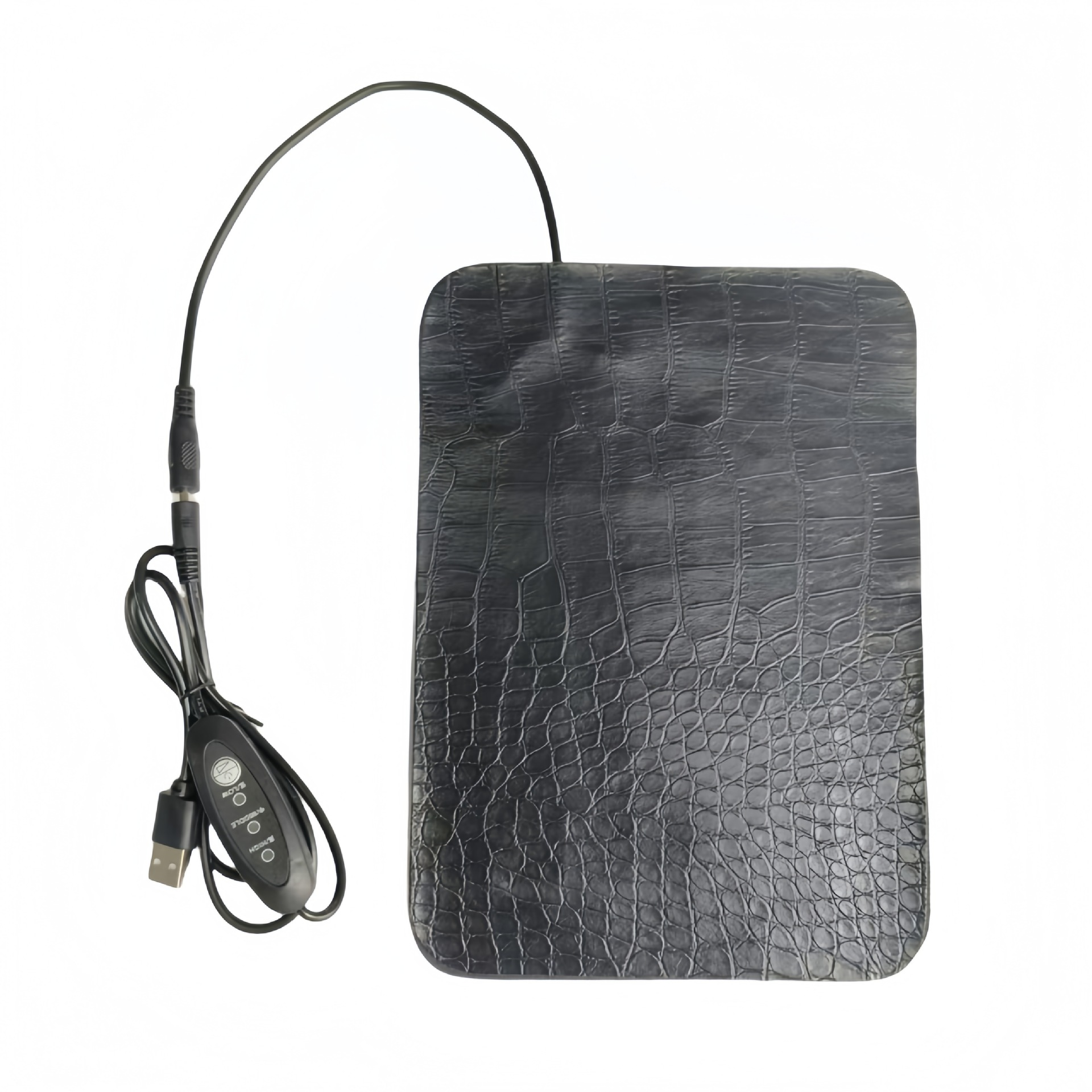 Schwarzes Heizkissen mit Krokodilhautmuster und USB-Kabel mit Steuerung.