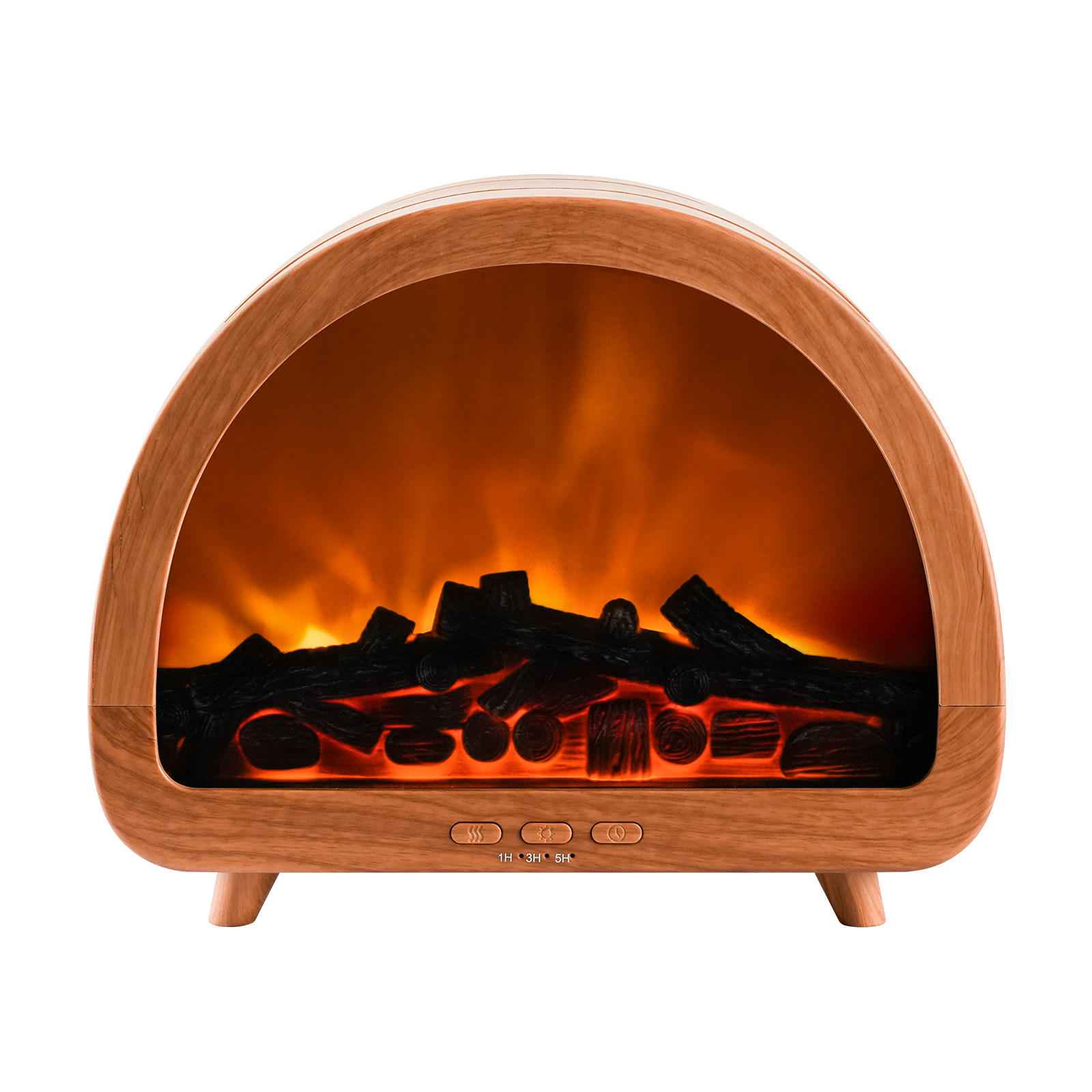 Ein dekorativer Kamin mit Holzmaserung und glühenden Kohlen. Weiße Hintergrund.