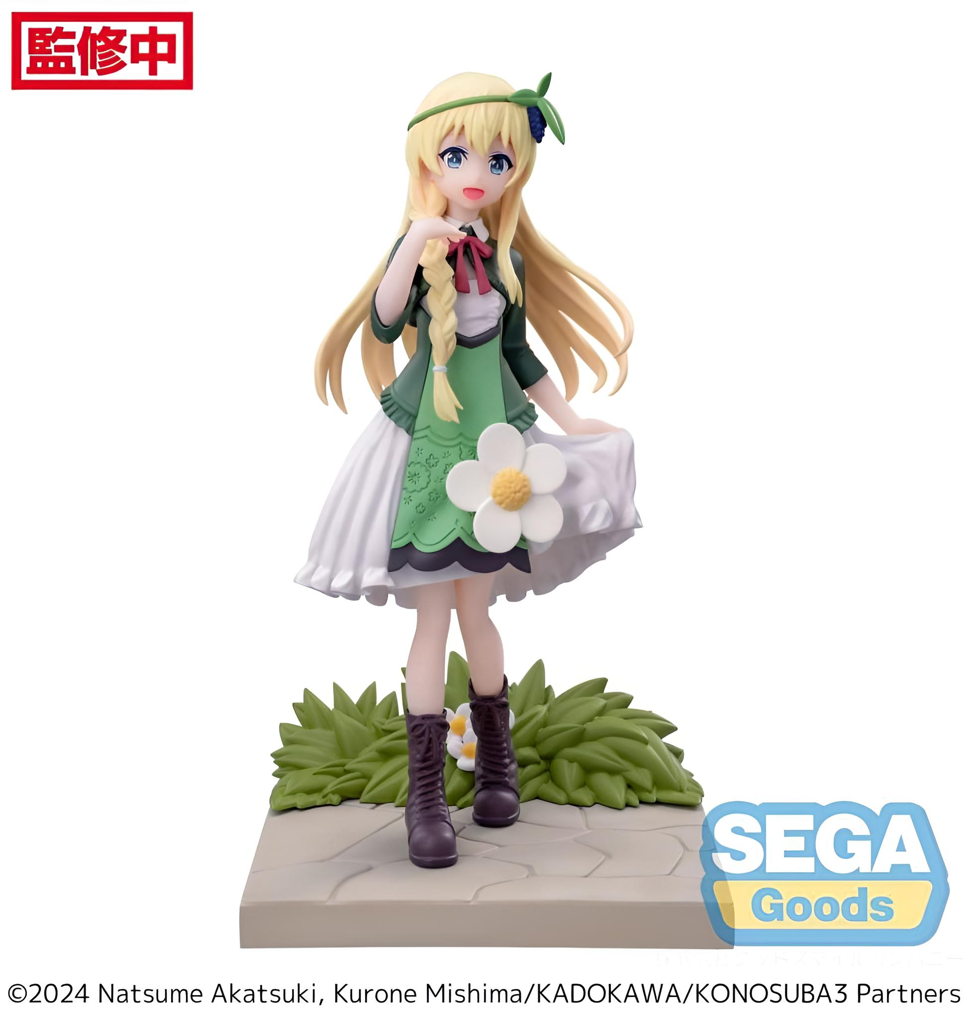 Eine Anime-Figur eines Mädchens mit blonden Haaren und blauen Augen, das ein grünes Kleid trägt.