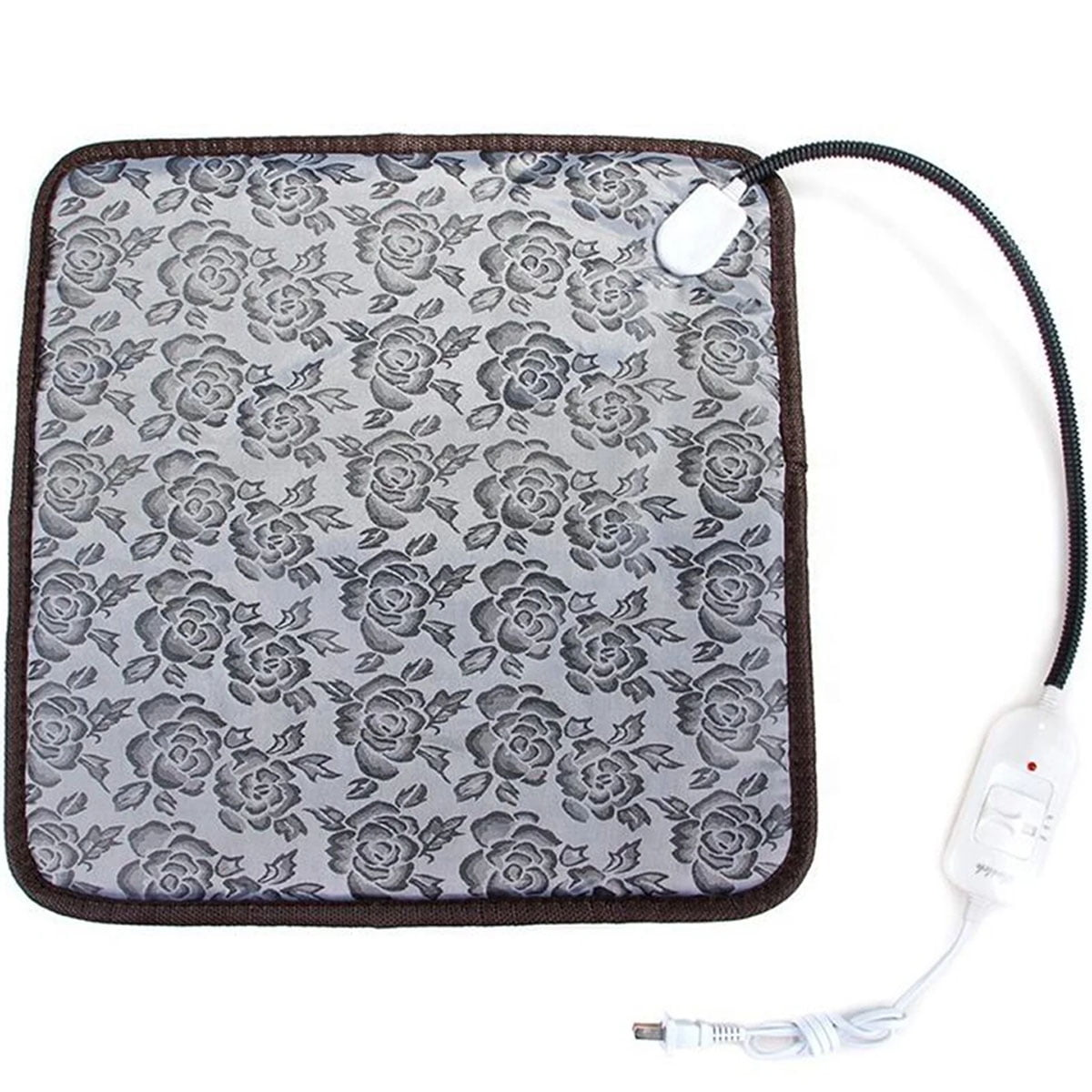 Graues Heizkissen mit Blumenmuster, mit Kabel und Steuerung.