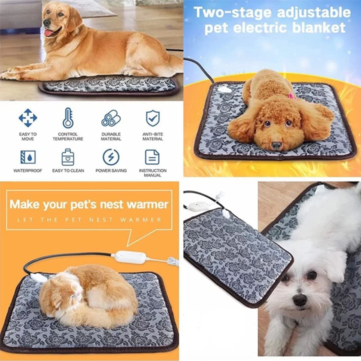 Ein Golden Retriever liegt auf einer grauen, gemusterten elektrischen Haustierdecke.