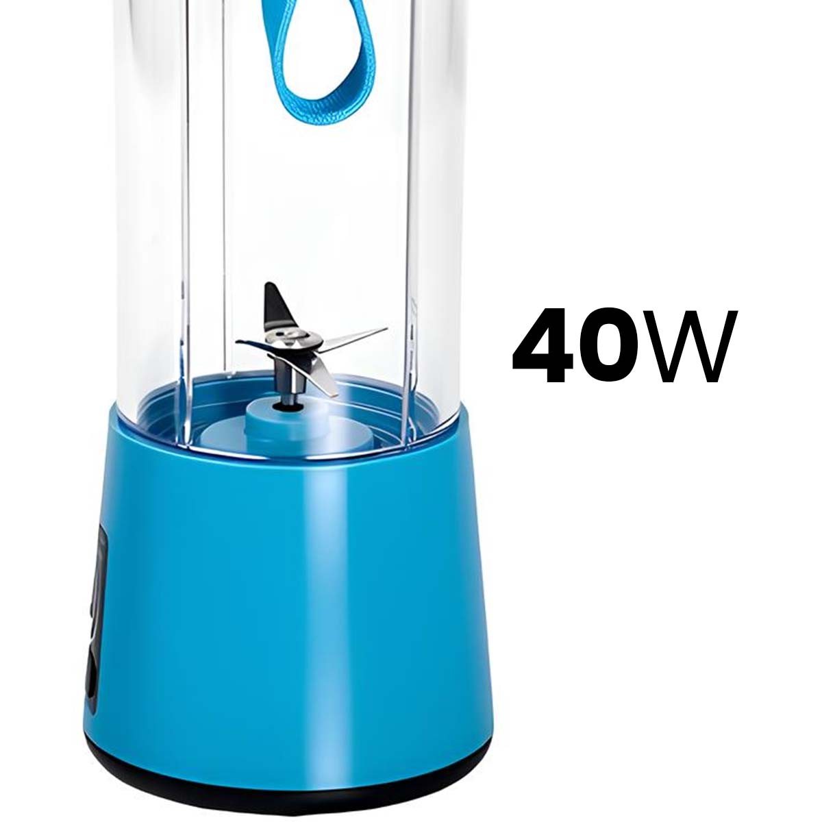 Batidora portátil azul con indicación de 40W y cuchillas metálicas.