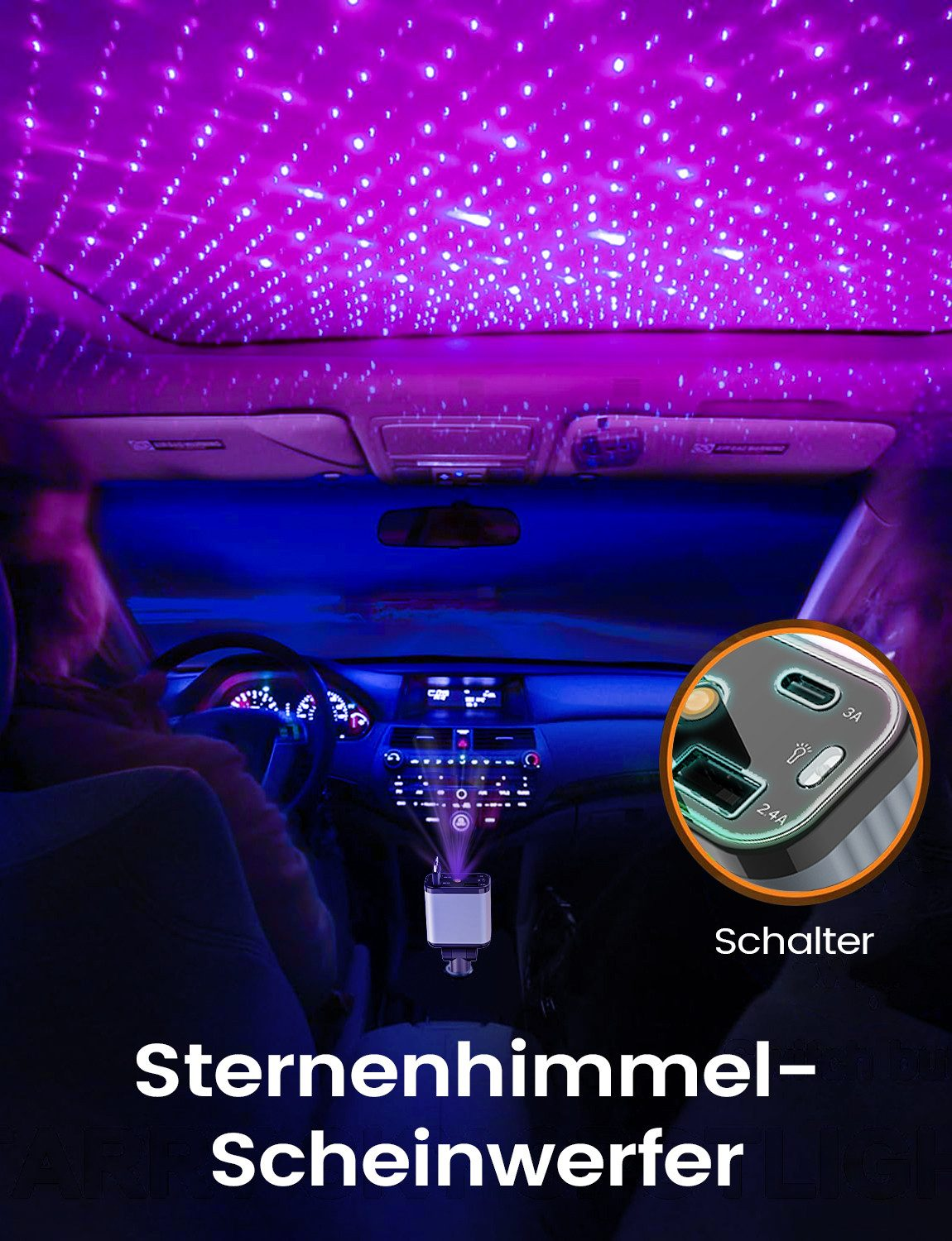 Innenraum eines Autos mit einem Sternenhimmel-Projektor, der lila Lichter an die Decke wirft.