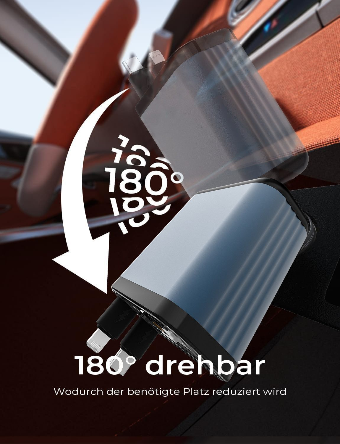 Ein grauer Ladestecker mit 180° drehbarer Funktion im Auto.