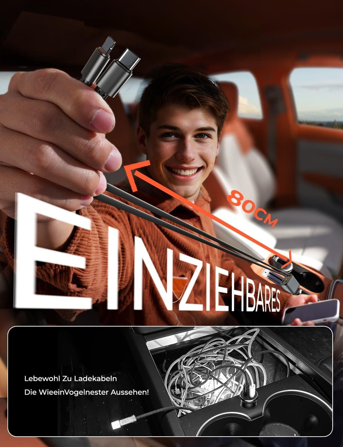 Ein junger Mann im Auto hält ein ausziehbares Ladekabel. Unten ist ein Kabelchaos.