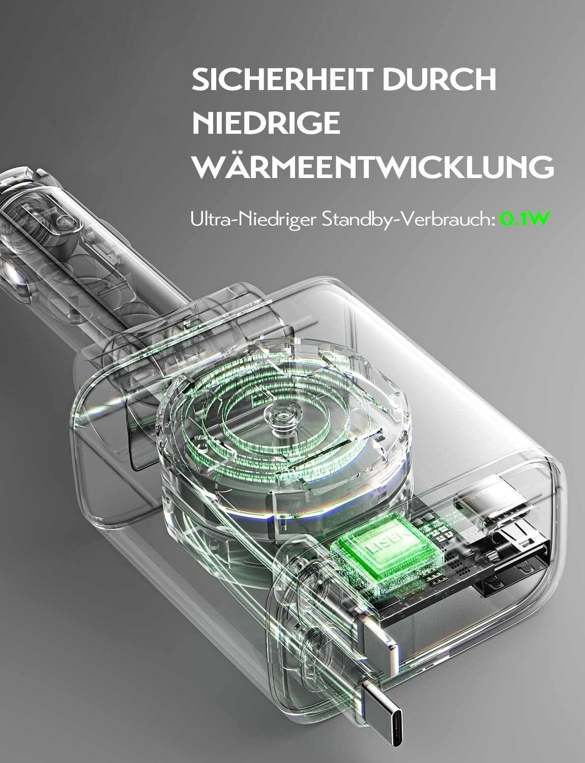 Transparenter Ladeadapter mit sichtbaren grünen Schaltkreisen und USB-Anschlüssen.