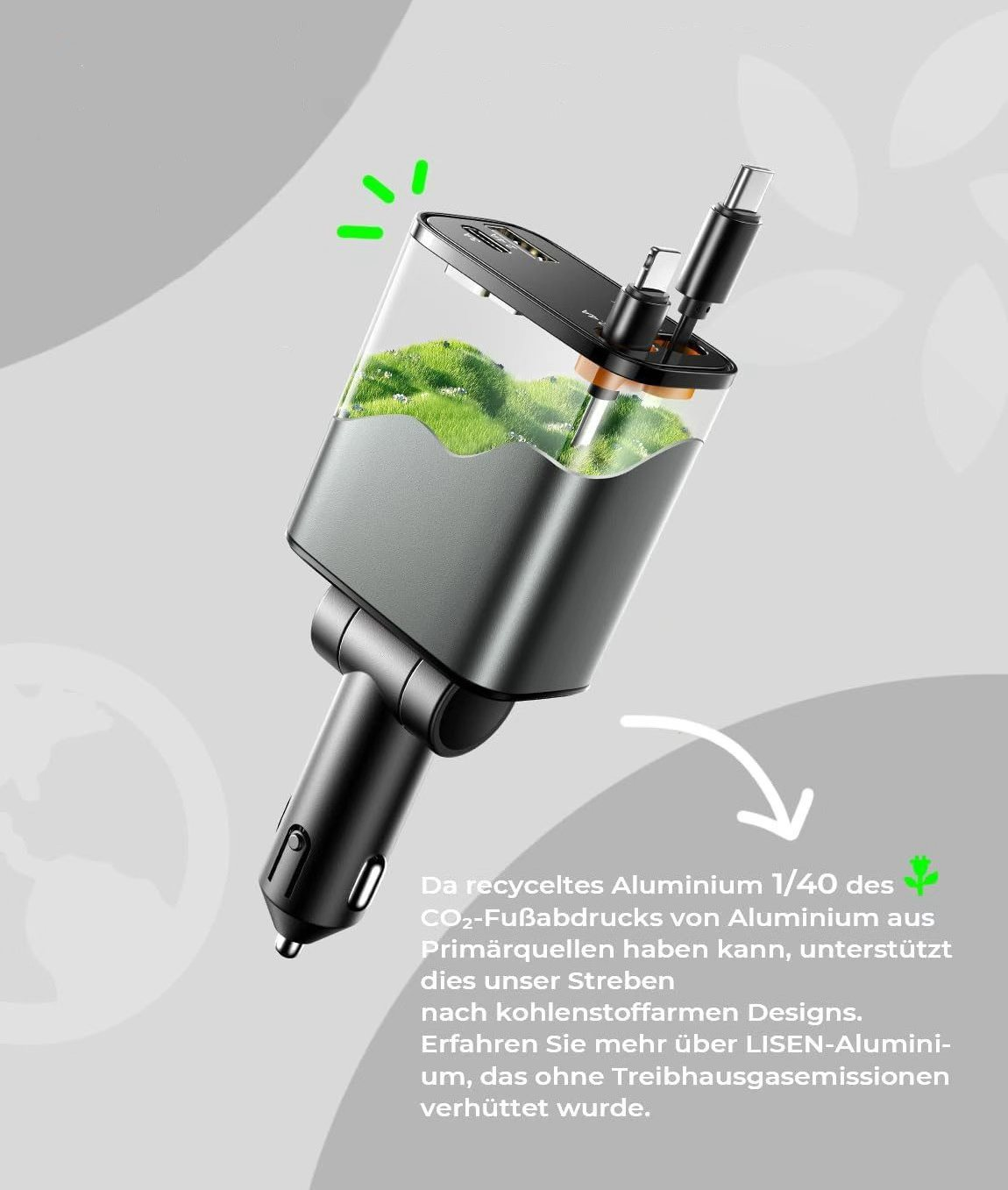 Ein Ladegerät mit einem transparenten Behälter, der eine Miniaturlandschaft mit Gras enthält.