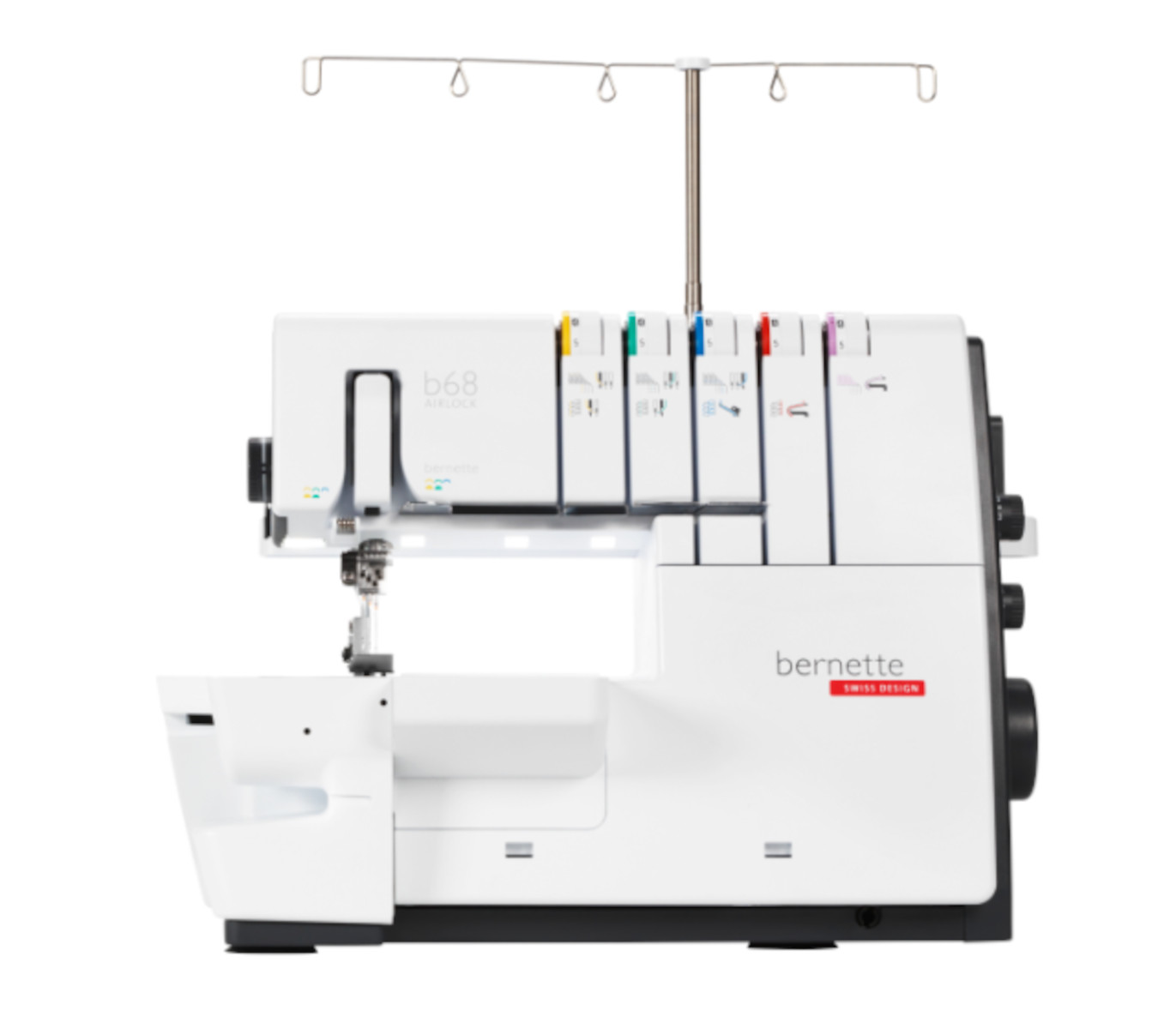 Weiße Overlock-Nähmaschine mit farbigen Fadenspulenhalterungen und Bernette-Logo.