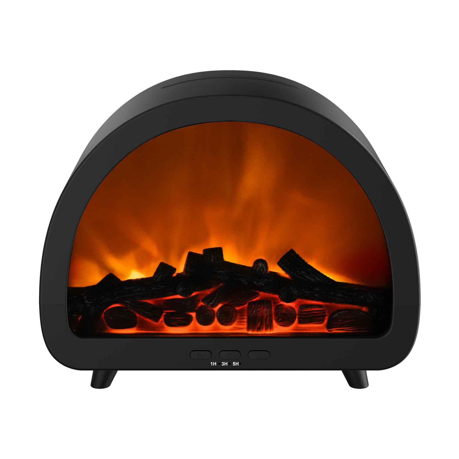 Ein schwarzer Kamin mit leuchtenden Holzscheiten und Flammen.