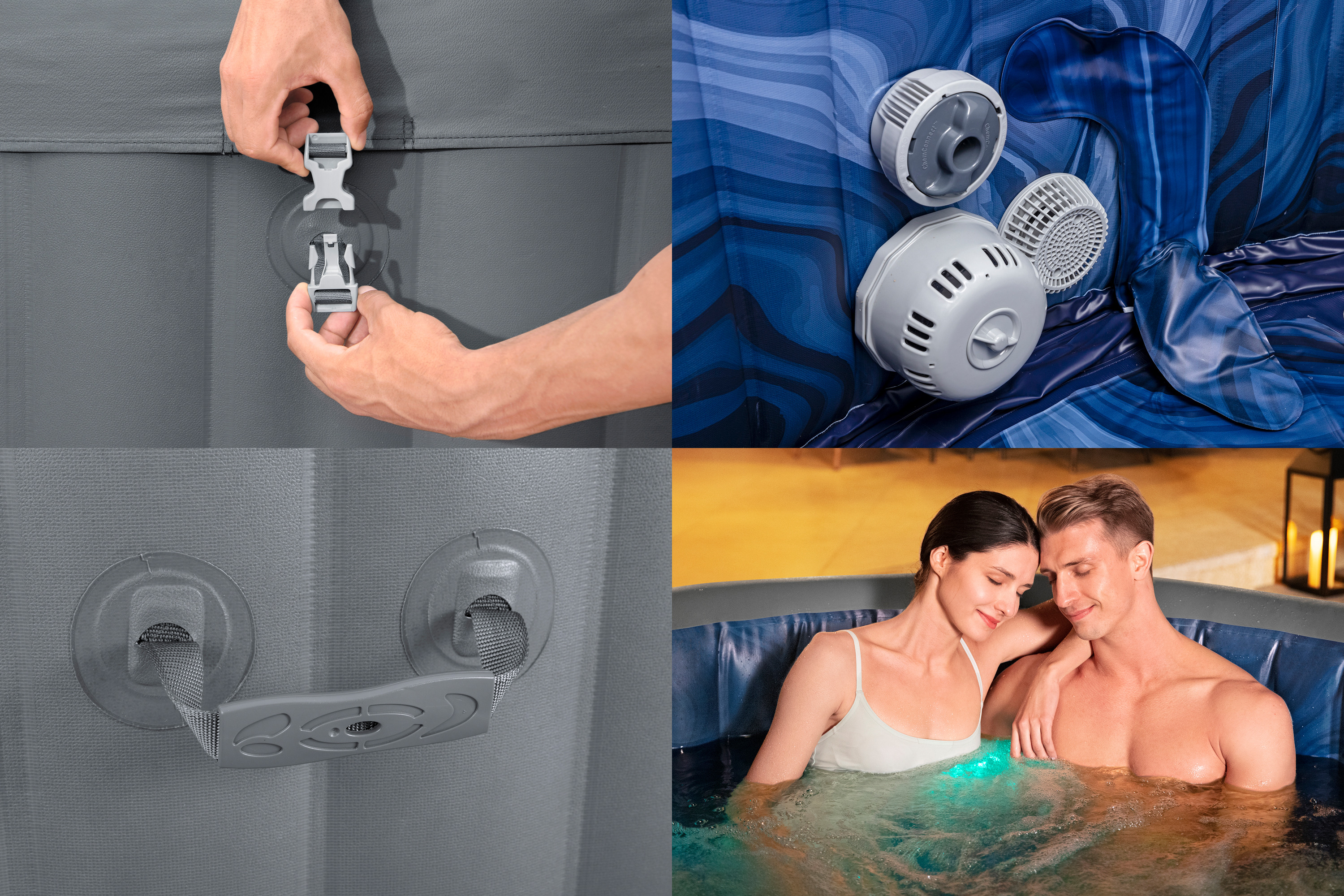 Mann schließt Schnallen, Spa-Filter und ein Paar im Whirlpool.