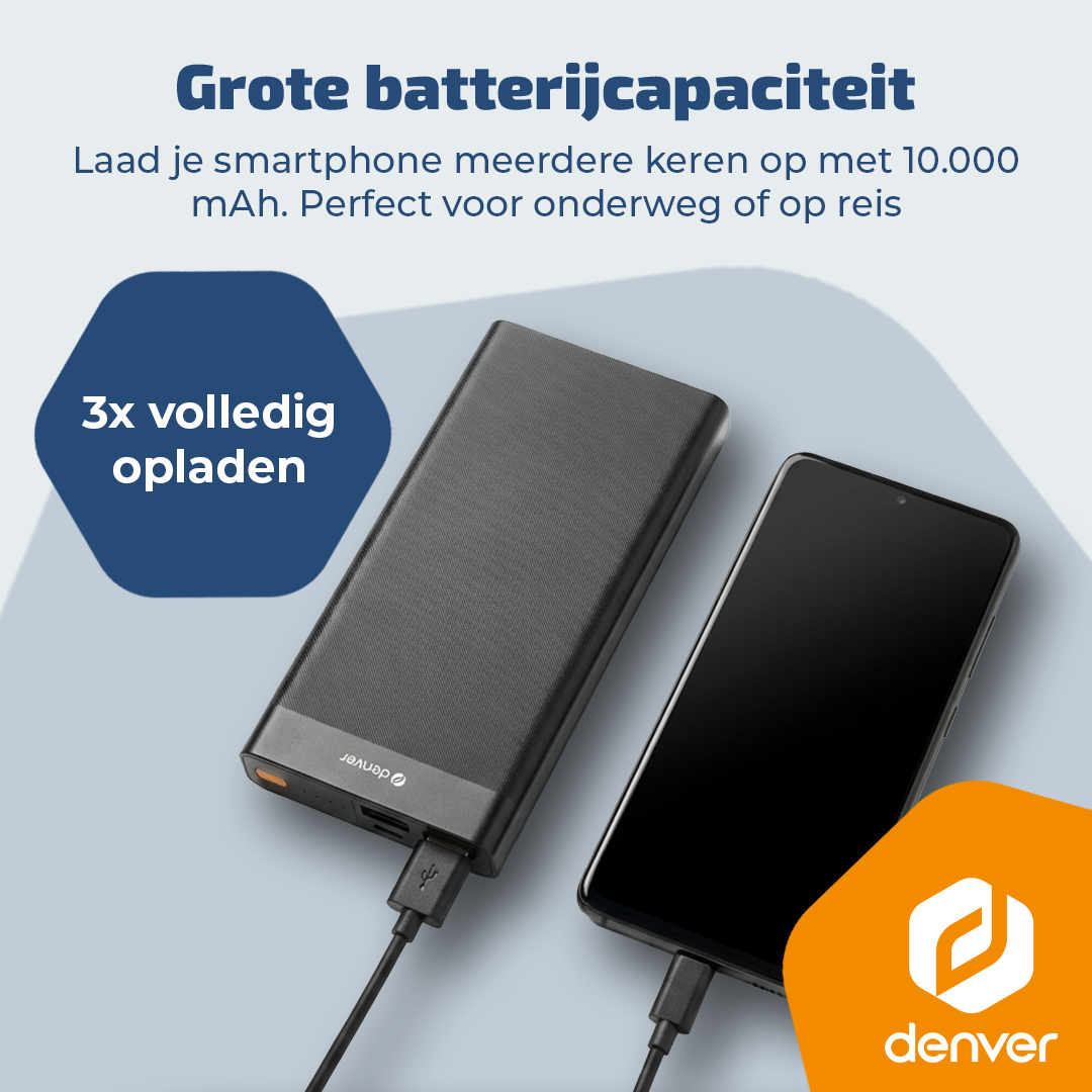 Batterie externe noire chargeant un smartphone, capacité 10.000 mAh.