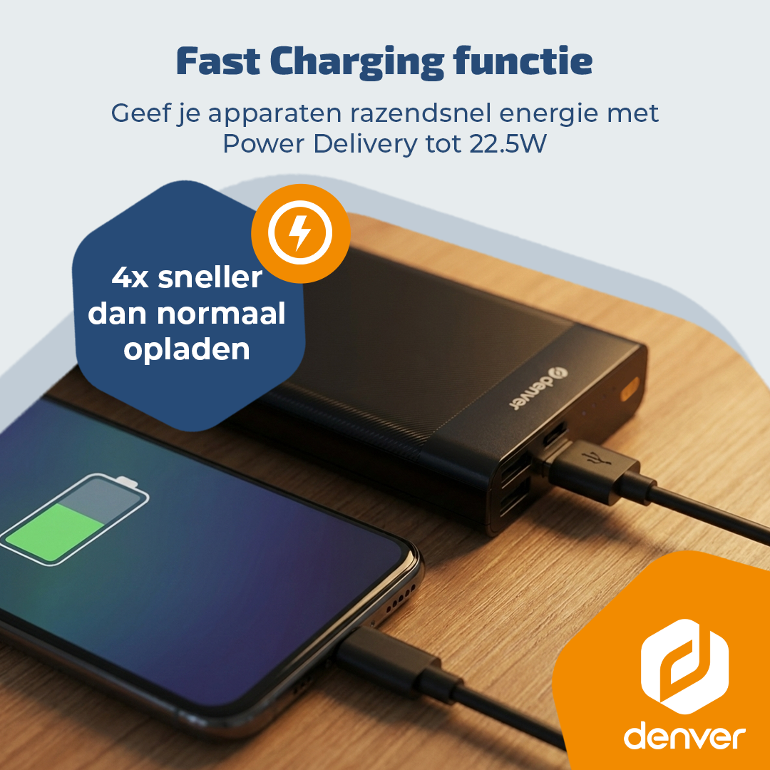 Un smartphone et une banque d'alimentation se chargent par câble. Texte sur la charge rapide.