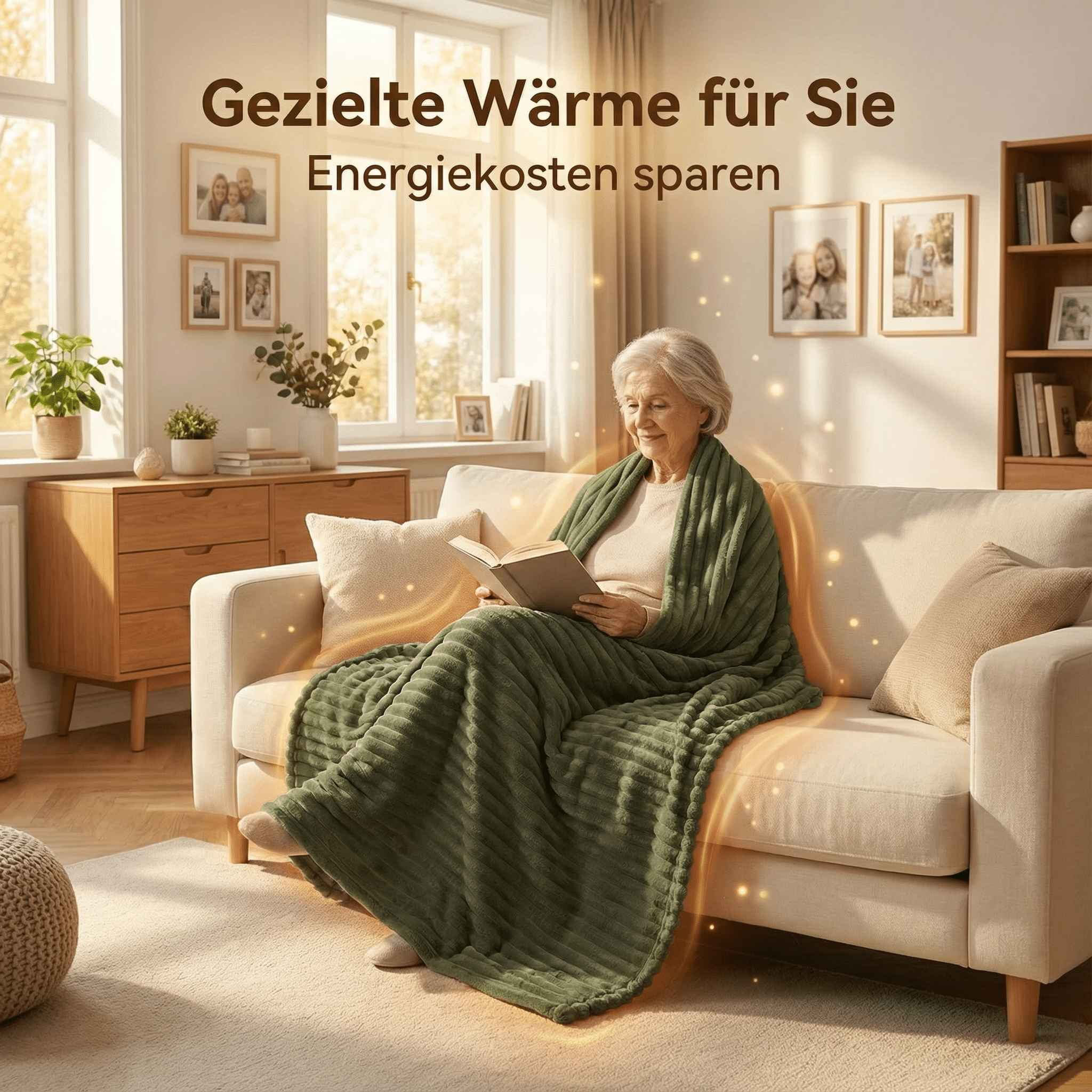 Ältere Frau liest Buch auf Sofa, in eine grüne Decke gehüllt.